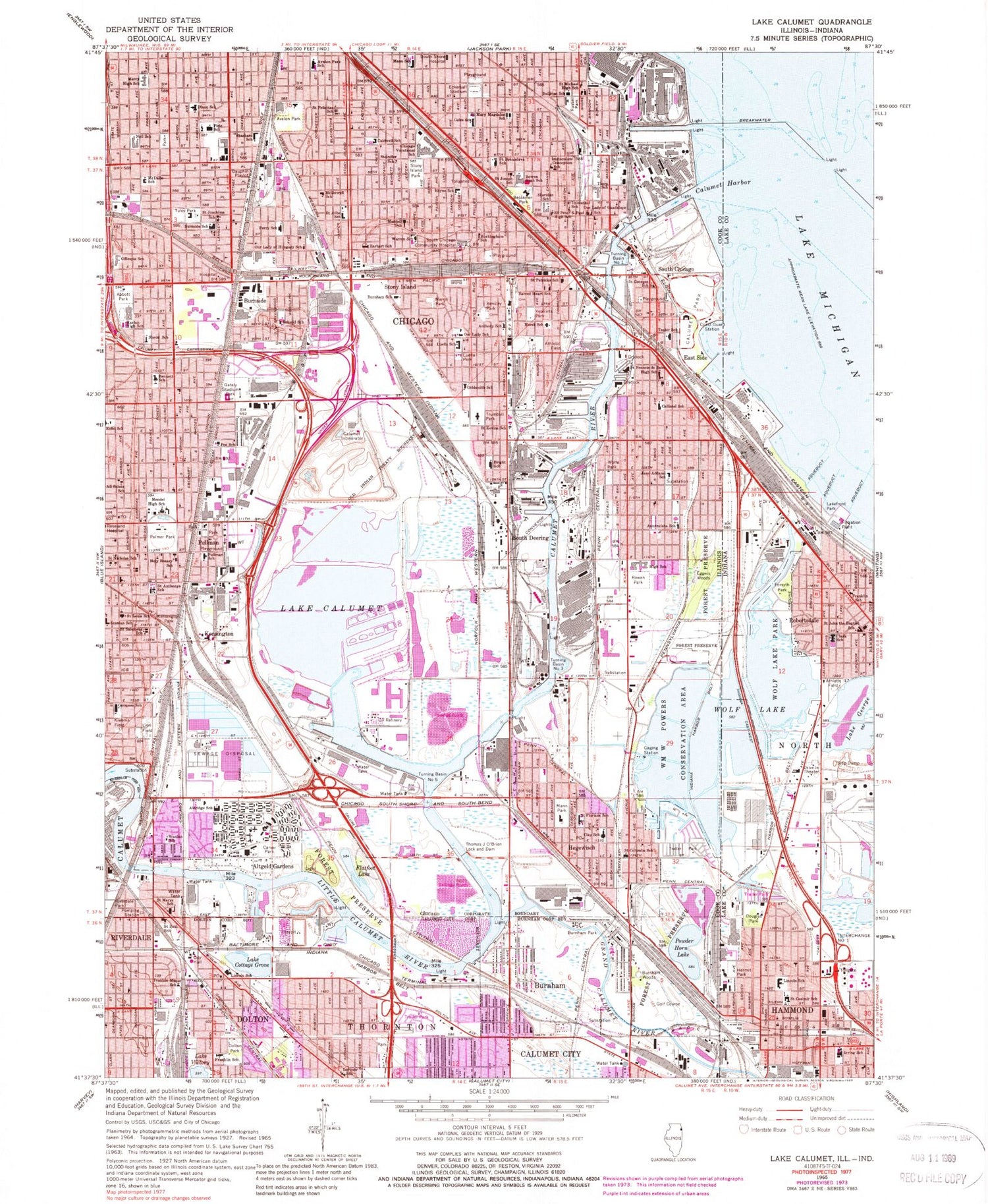 Classic USGS Lake Calumet Illinois 7.5'x7.5' Topo Map Image