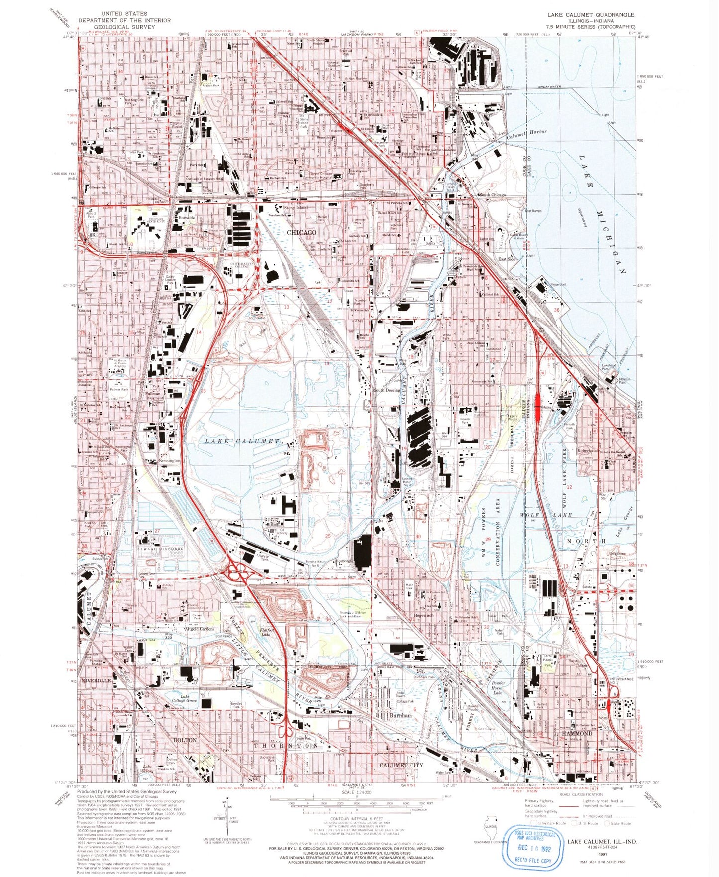 Classic USGS Lake Calumet Illinois 7.5'x7.5' Topo Map Image