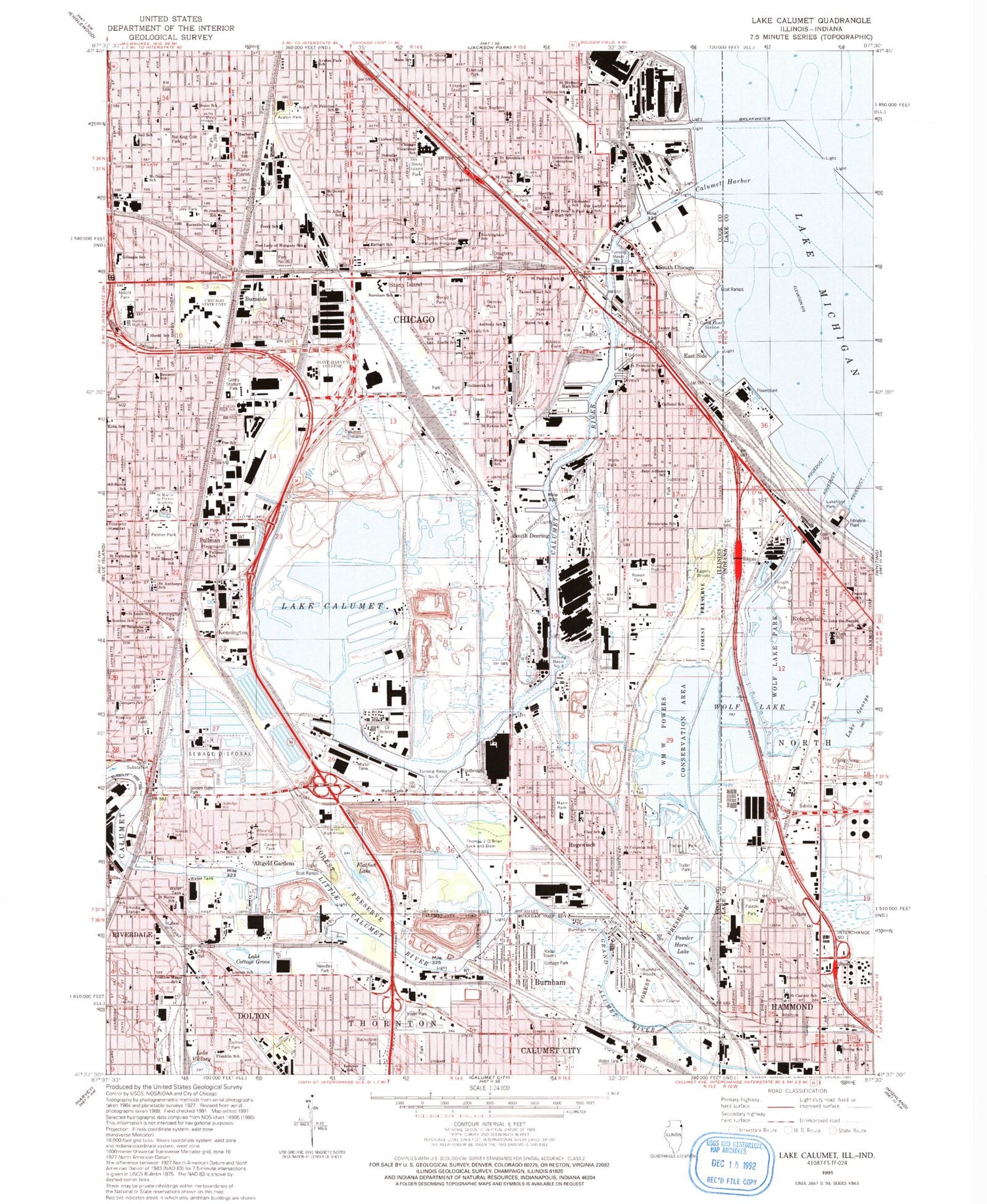 Classic USGS Lake Calumet Illinois 7.5'x7.5' Topo Map Image