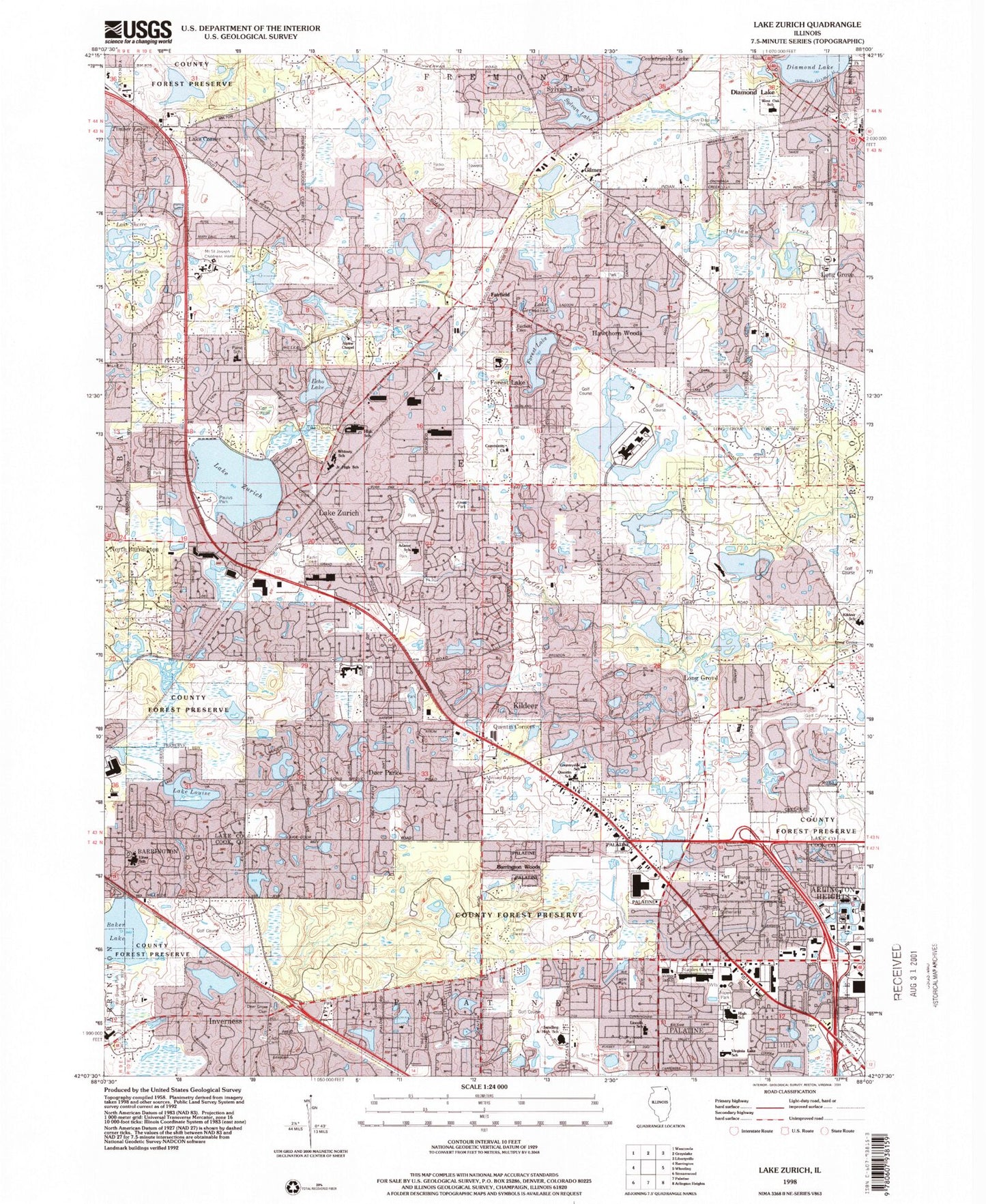 Classic USGS Lake Zurich Illinois 7.5'x7.5' Topo Map Image