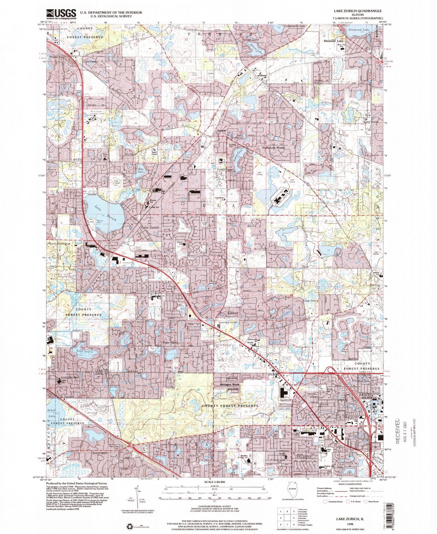 Classic USGS Lake Zurich Illinois 7.5'x7.5' Topo Map Image