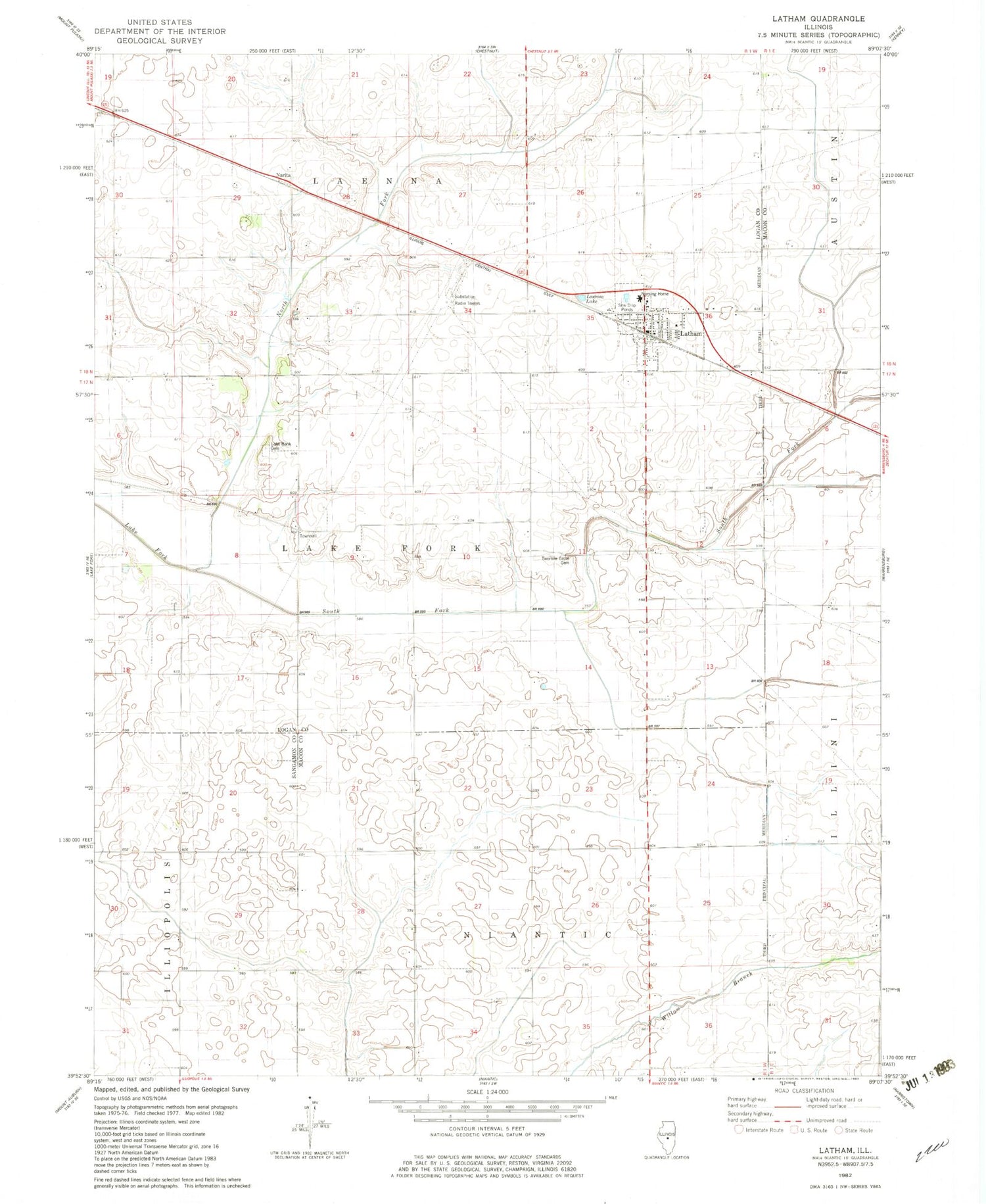 Classic USGS Latham Illinois 7.5'x7.5' Topo Map Image