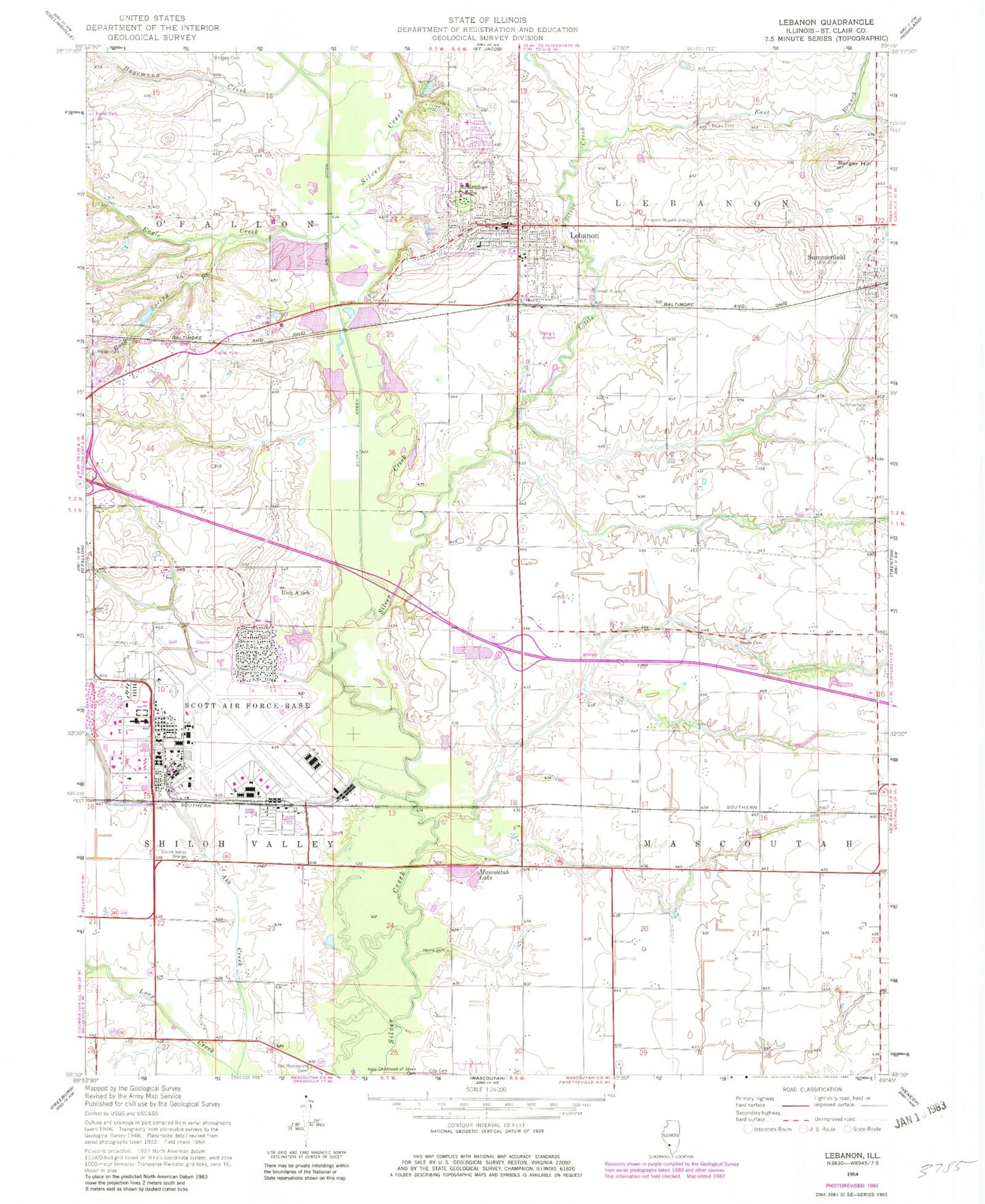 Classic USGS Lebanon Illinois 7.5'x7.5' Topo Map Image