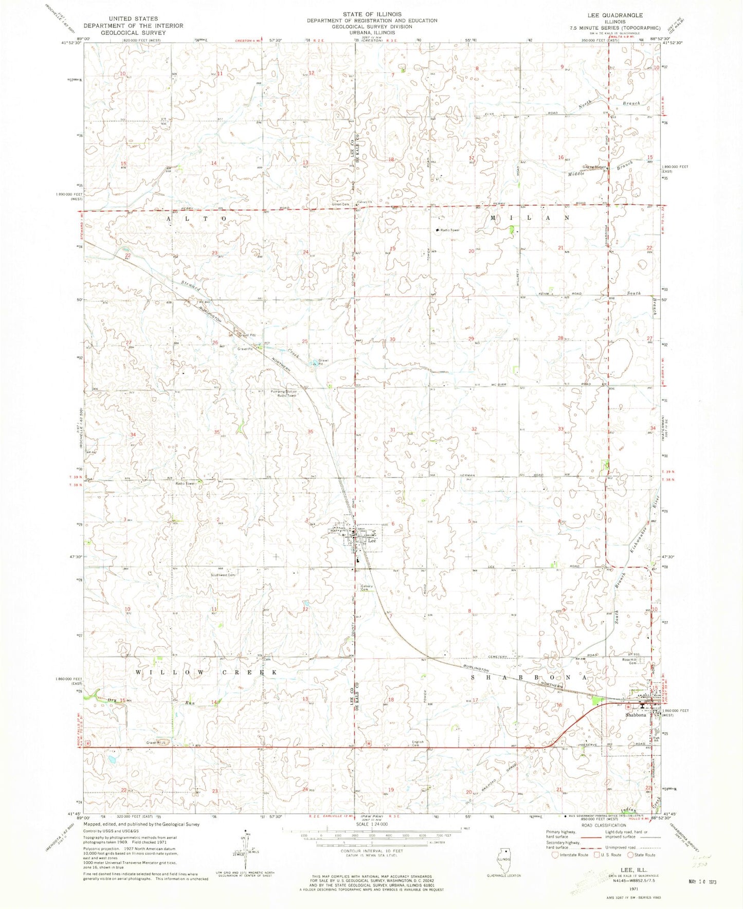 Classic USGS Lee Illinois 7.5'x7.5' Topo Map Image