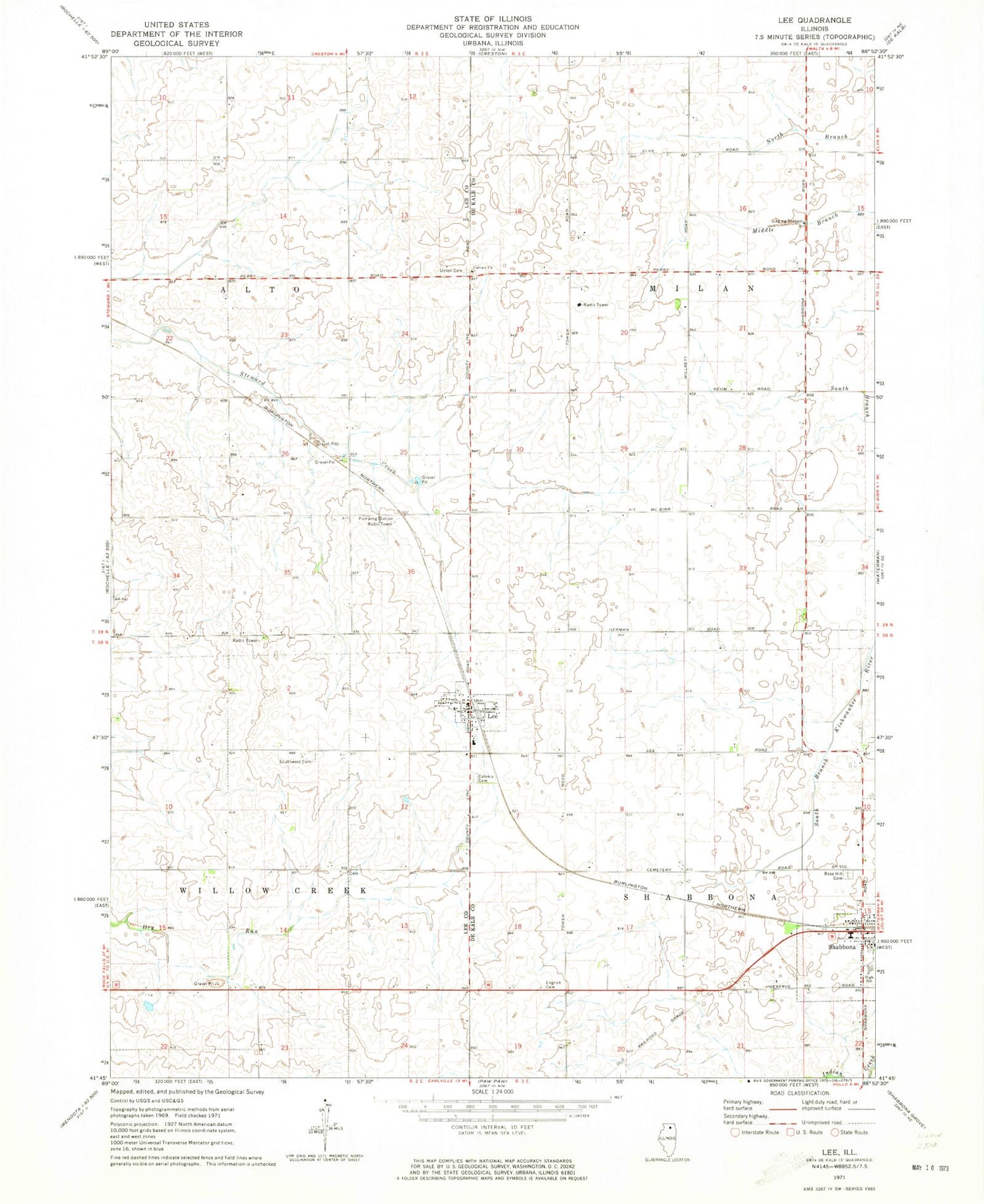 Classic USGS Lee Illinois 7.5'x7.5' Topo Map Image