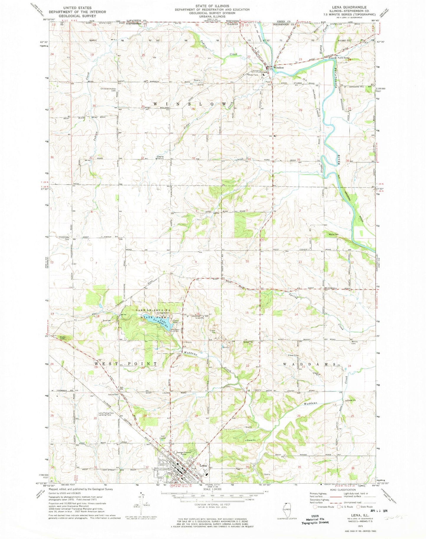 Classic USGS Lena Illinois 7.5'x7.5' Topo Map Image