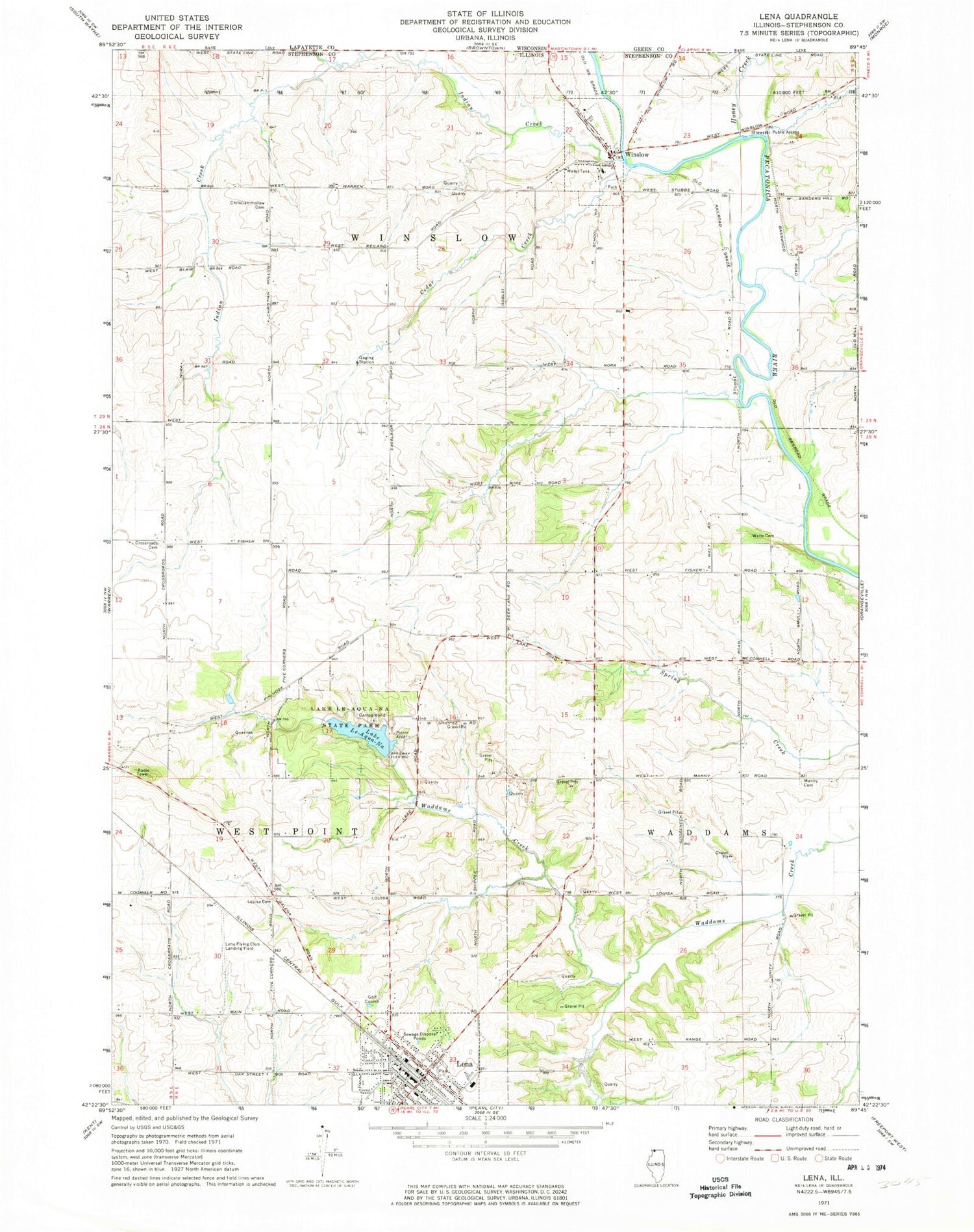 Classic USGS Lena Illinois 7.5'x7.5' Topo Map Image