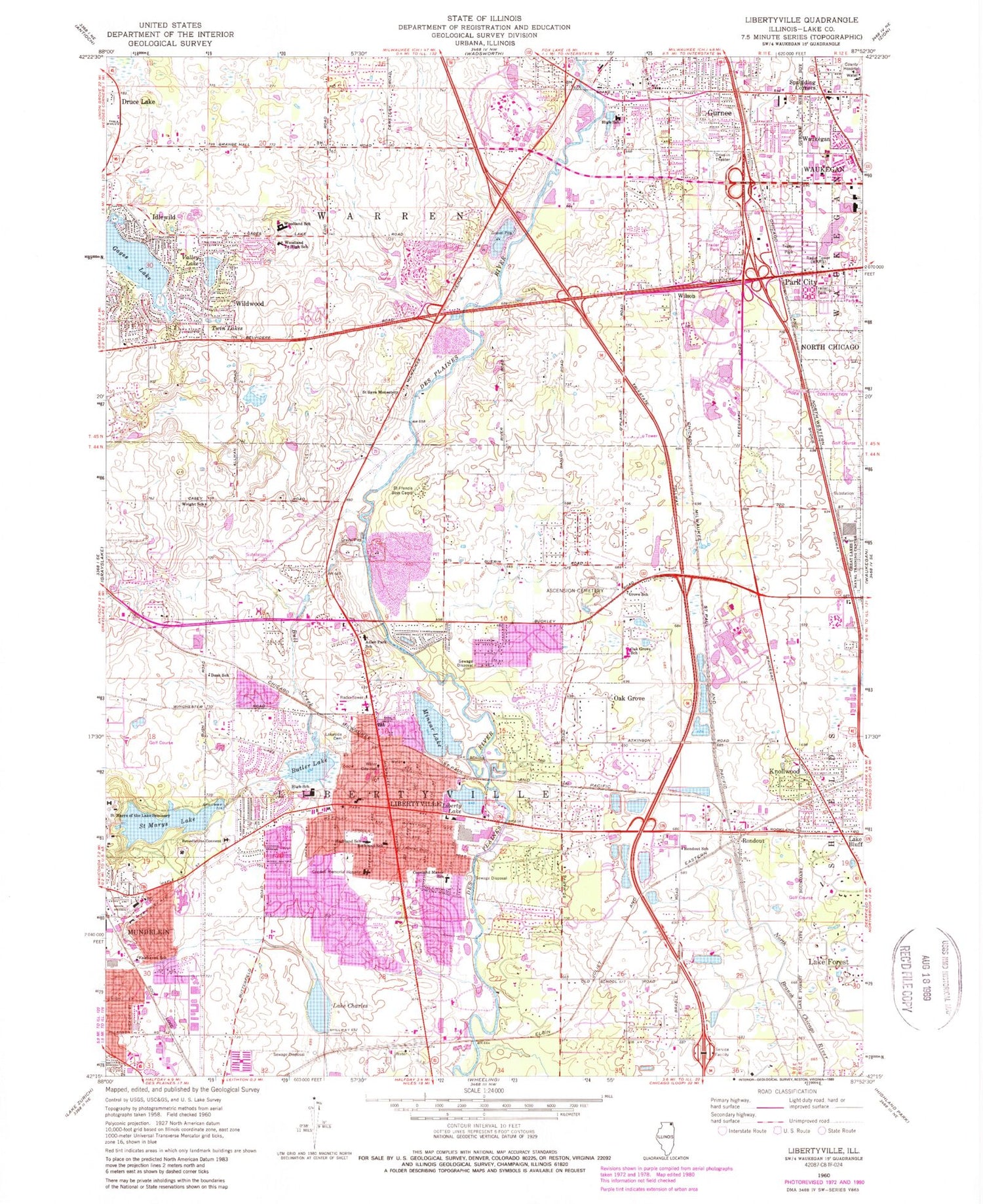 Classic USGS Libertyville Illinois 7.5'x7.5' Topo Map Image