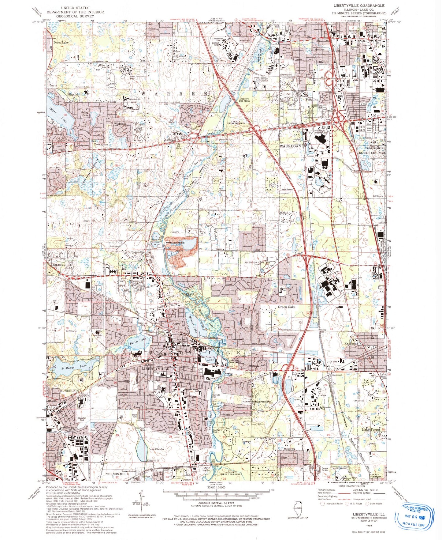 Classic USGS Libertyville Illinois 7.5'x7.5' Topo Map Image