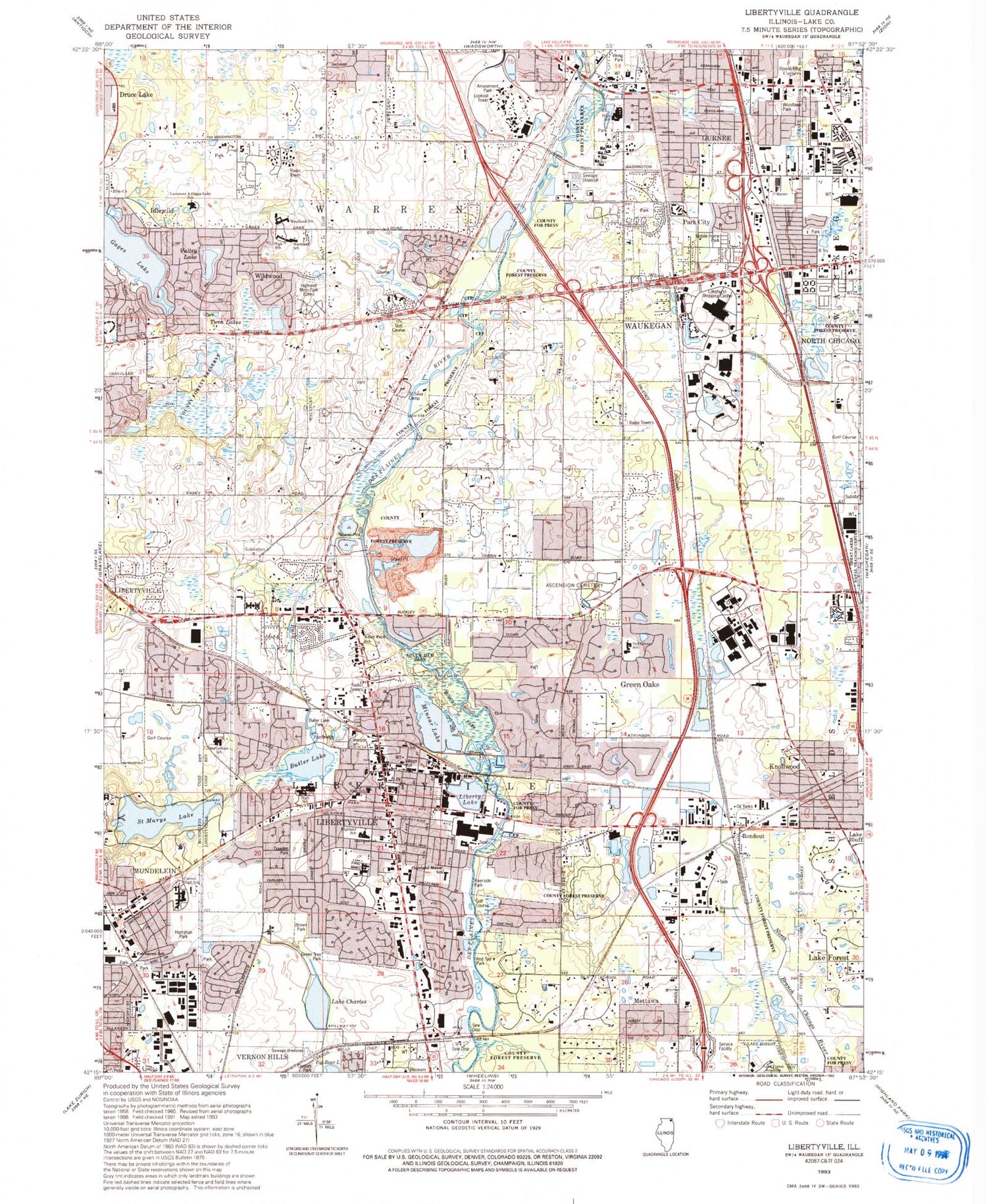Classic USGS Libertyville Illinois 7.5'x7.5' Topo Map Image