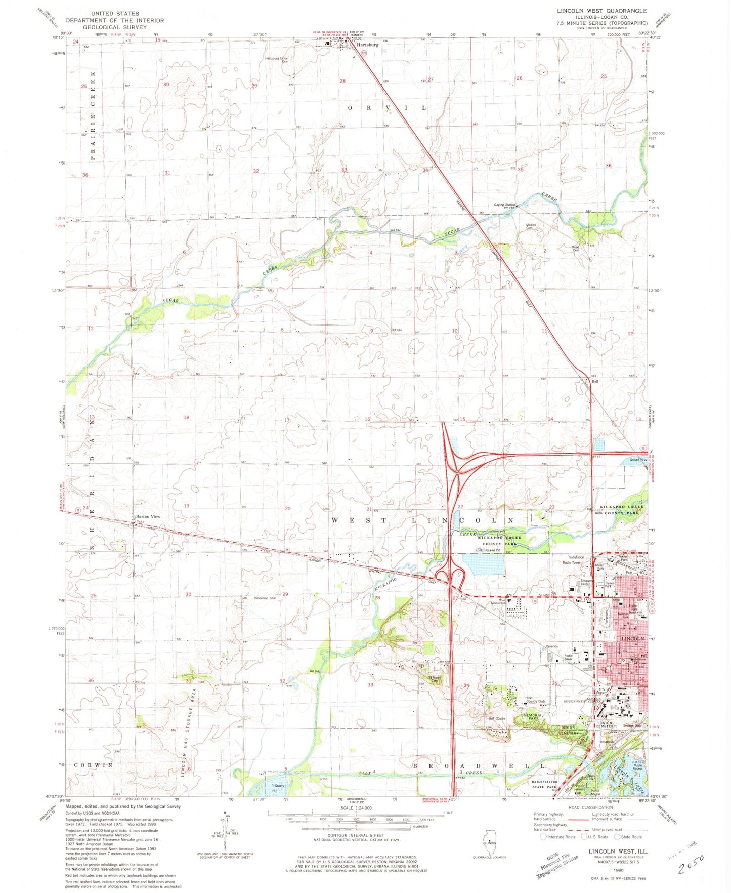 Classic USGS Lincoln West Illinois 7.5'x7.5' Topo Map Image