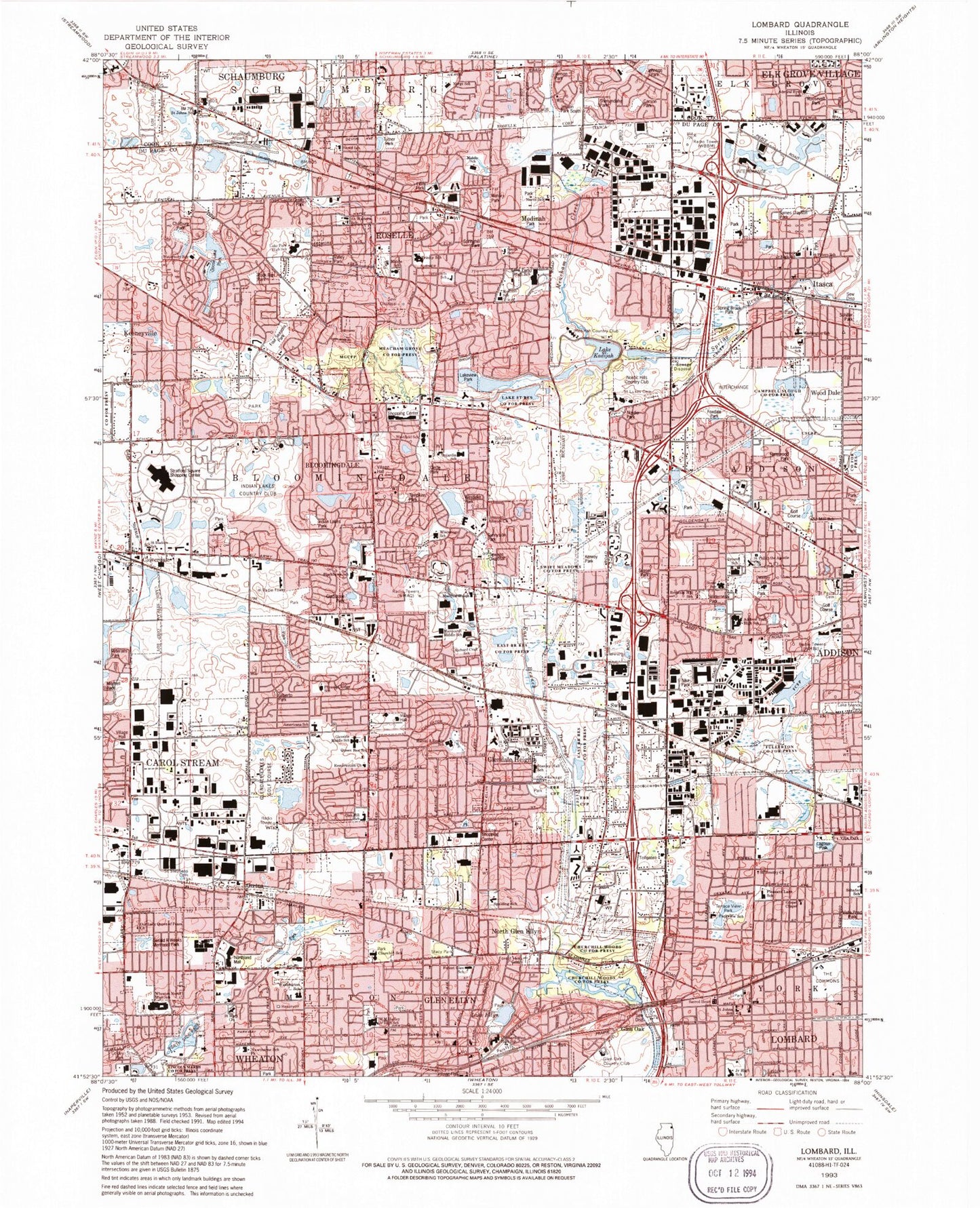 Classic USGS Lombard Illinois 7.5'x7.5' Topo Map Image