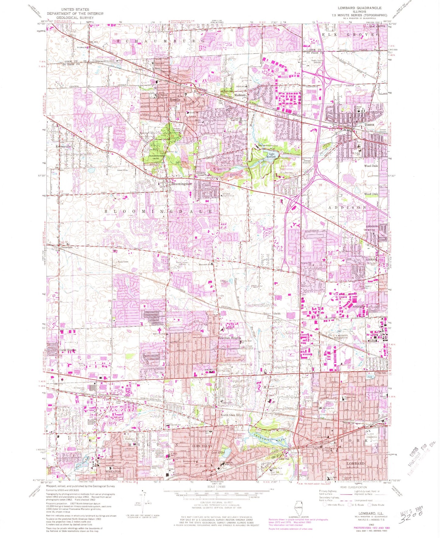 Classic USGS Lombard Illinois 7.5'x7.5' Topo Map Image