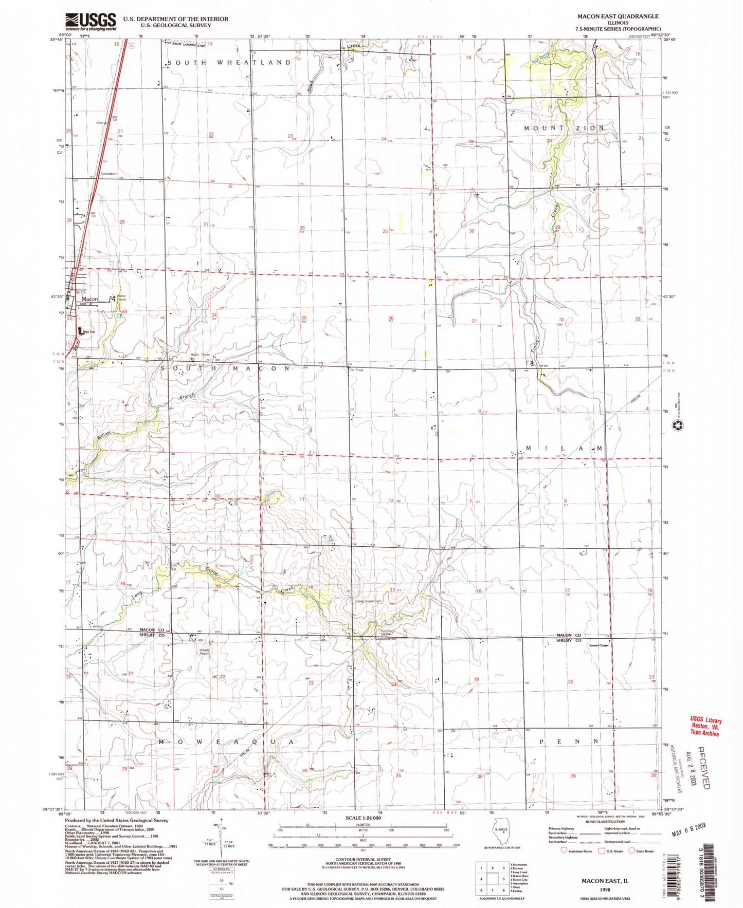Classic USGS Macon East Illinois 7.5'x7.5' Topo Map Image