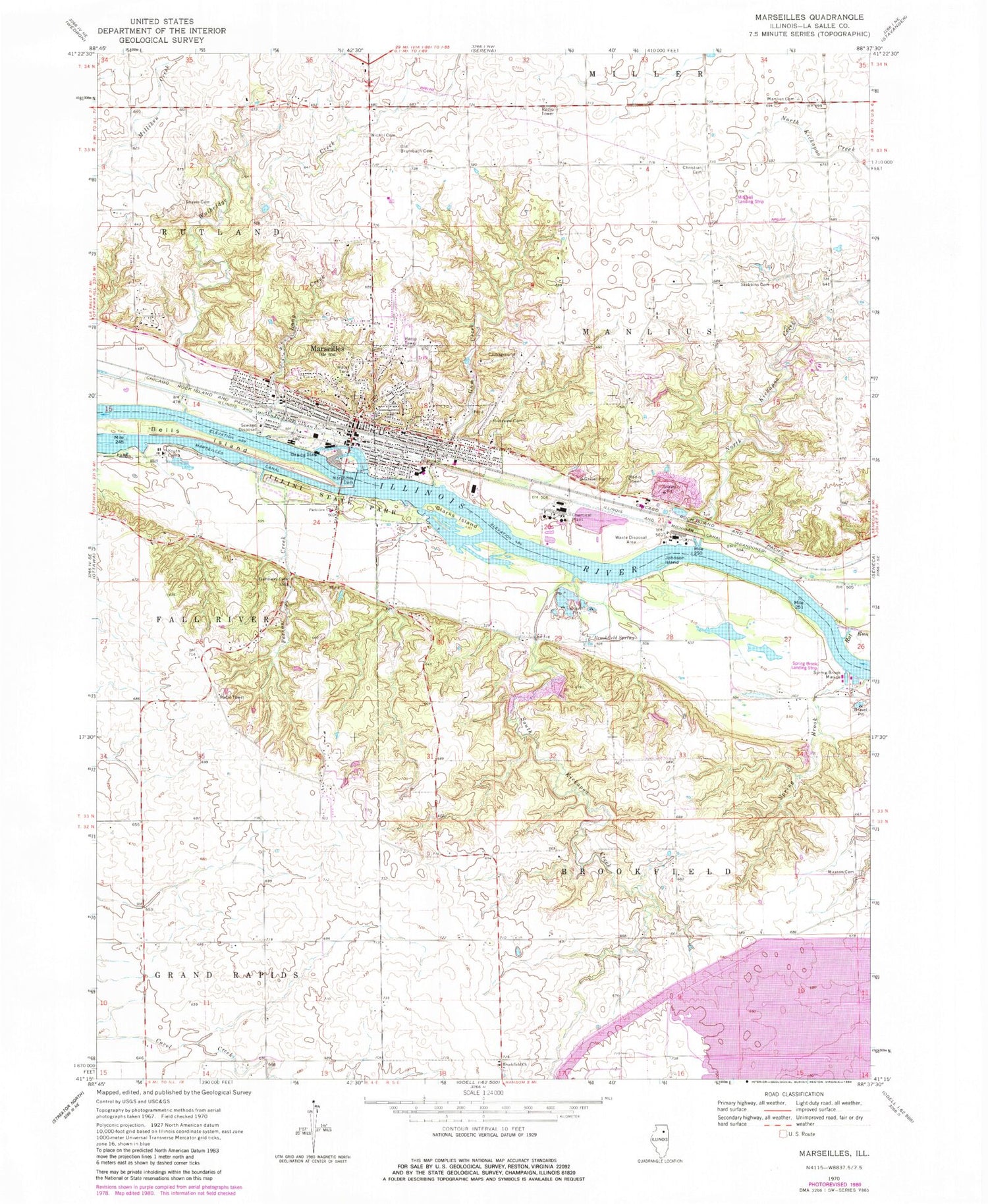 Classic USGS Marseilles Illinois 7.5'x7.5' Topo Map Image