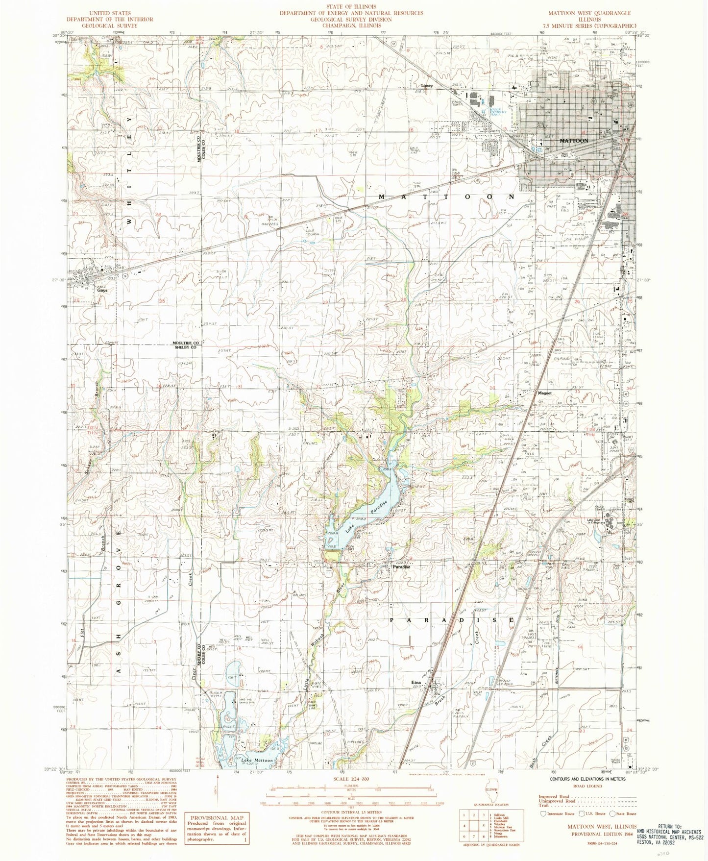 Classic USGS Mattoon West Illinois 7.5'x7.5' Topo Map Image