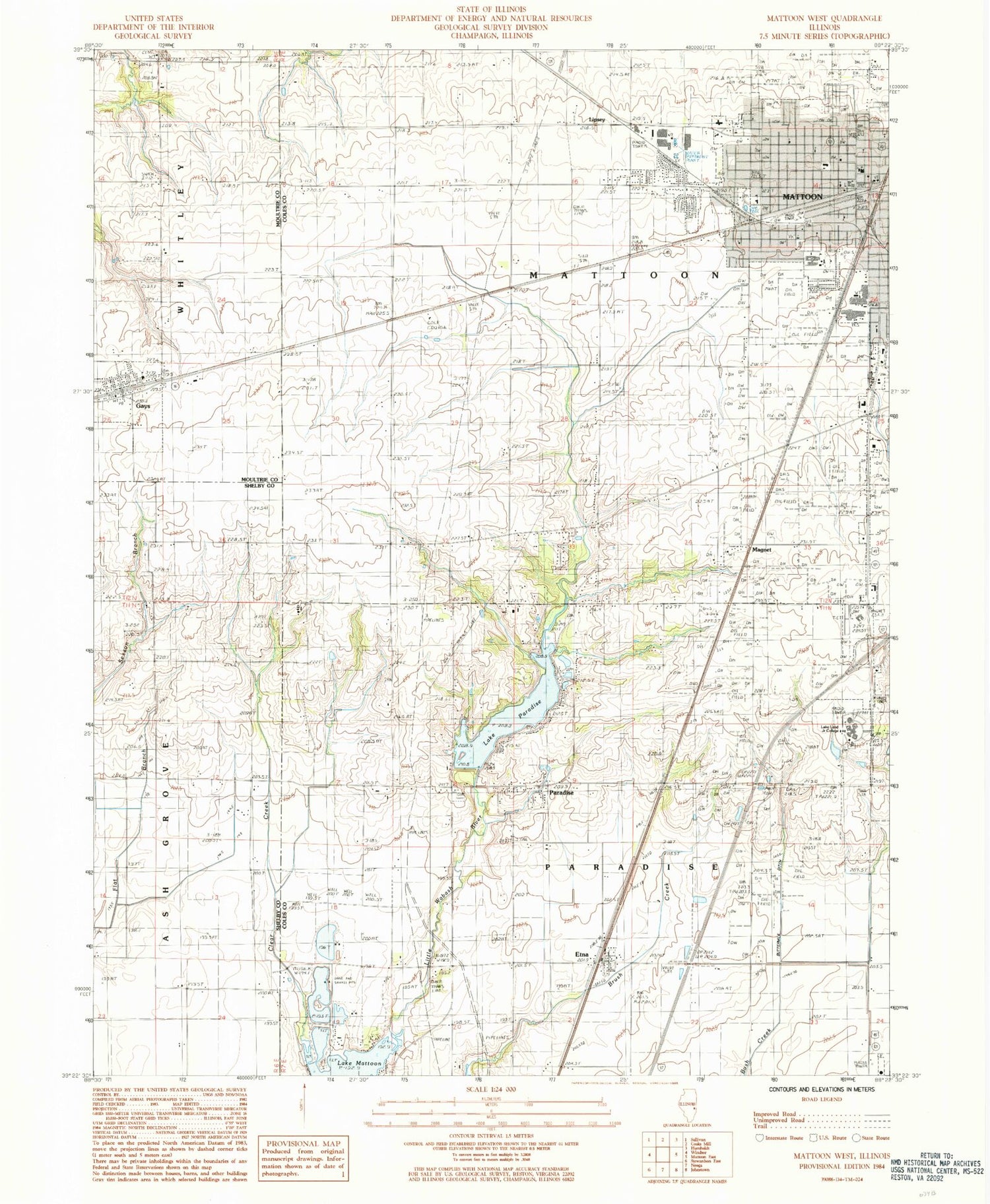 Classic USGS Mattoon West Illinois 7.5'x7.5' Topo Map Image