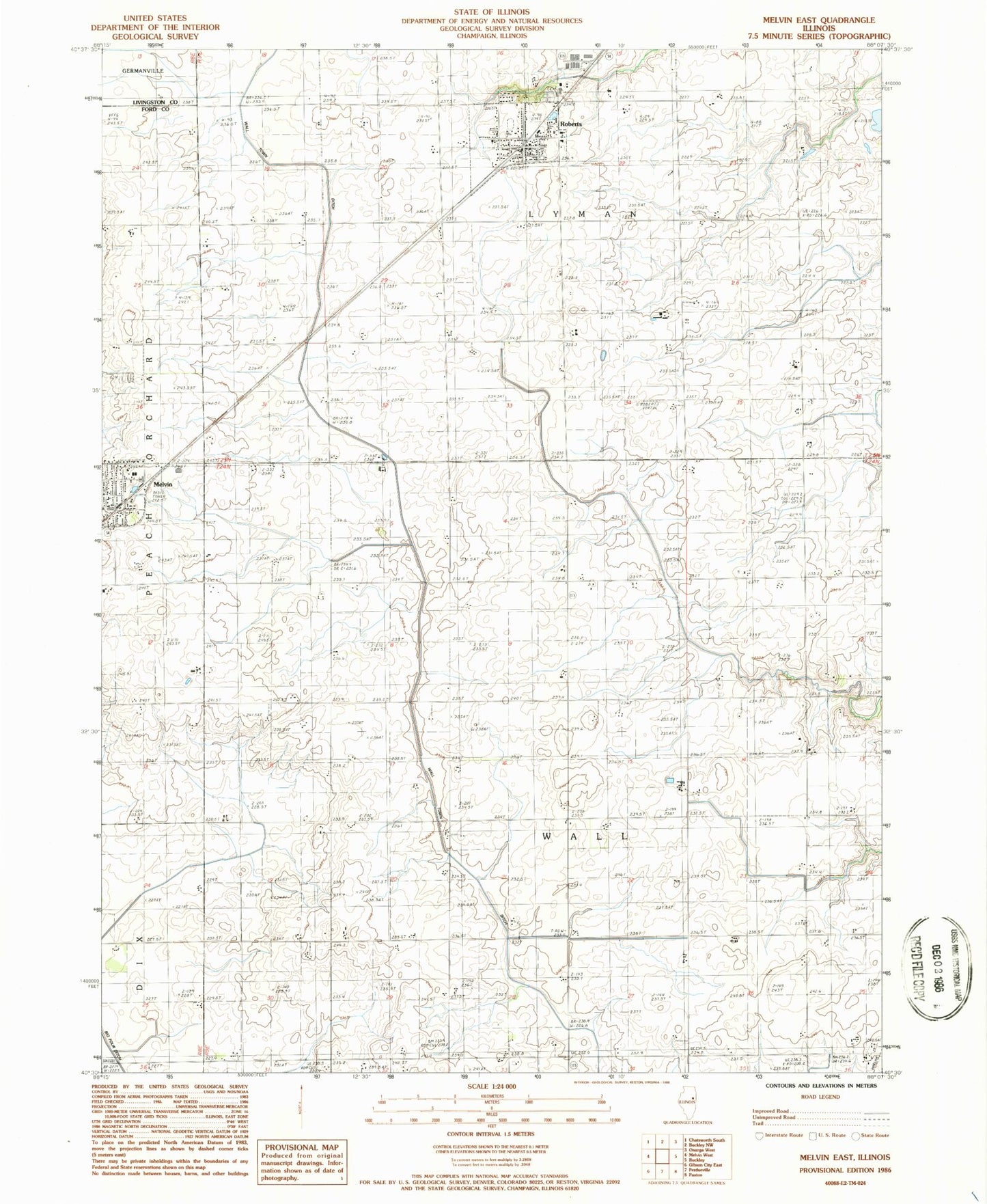 Classic USGS Melvin East Illinois 7.5'x7.5' Topo Map Image