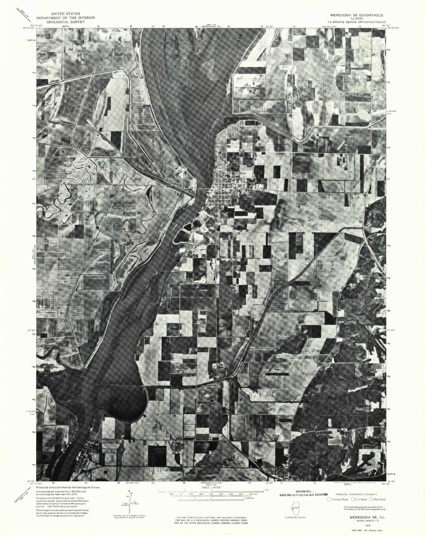 Classic USGS Meredosia Illinois 7.5'x7.5' Topo Map Image