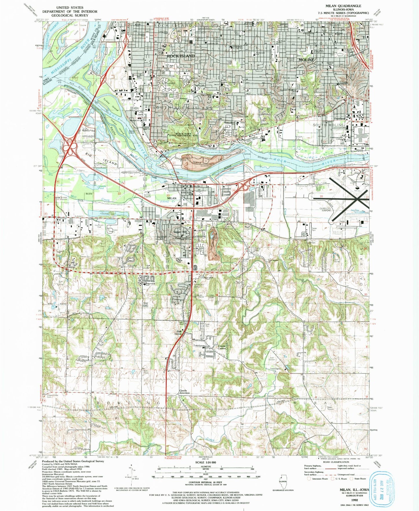 Classic USGS Milan Illinois 7.5'x7.5' Topo Map Image