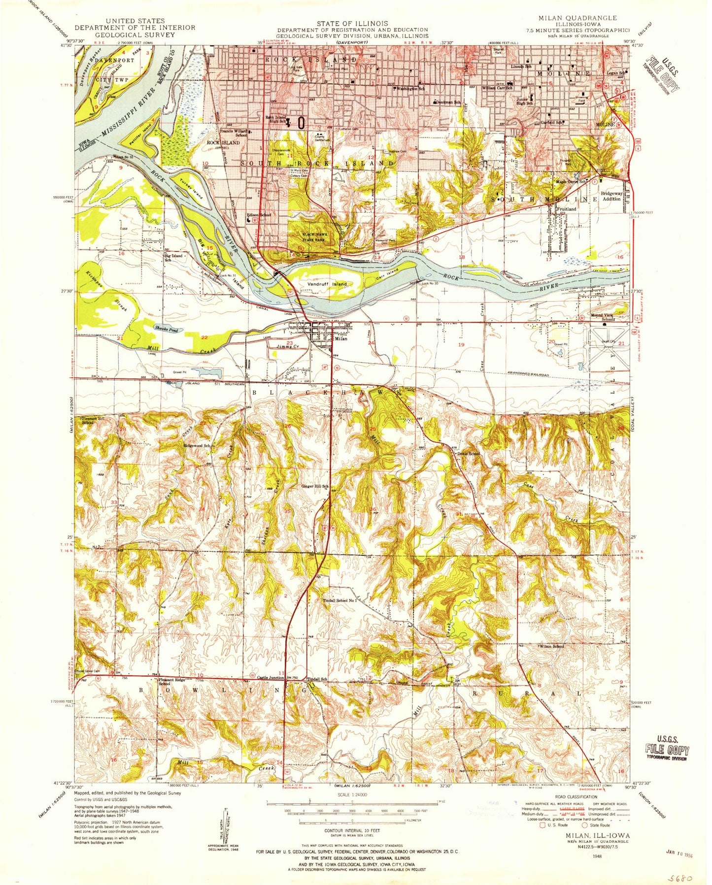 Classic USGS Milan Illinois 7.5'x7.5' Topo Map Image