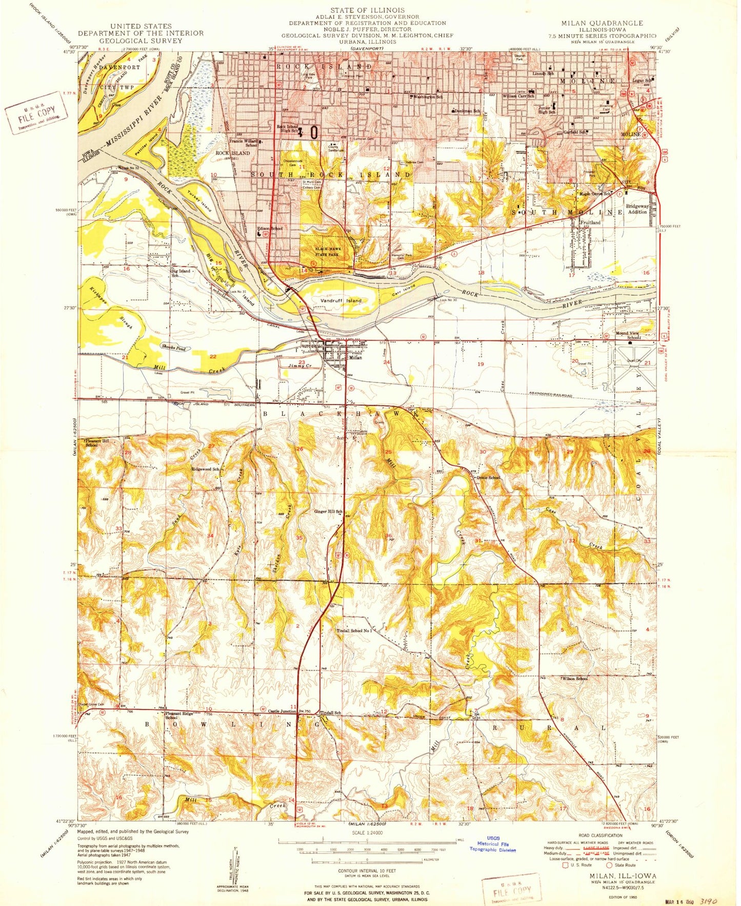 Classic USGS Milan Illinois 7.5'x7.5' Topo Map Image
