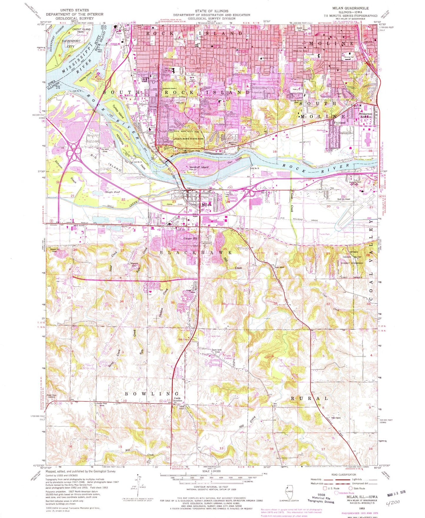 Classic USGS Milan Illinois 7.5'x7.5' Topo Map Image