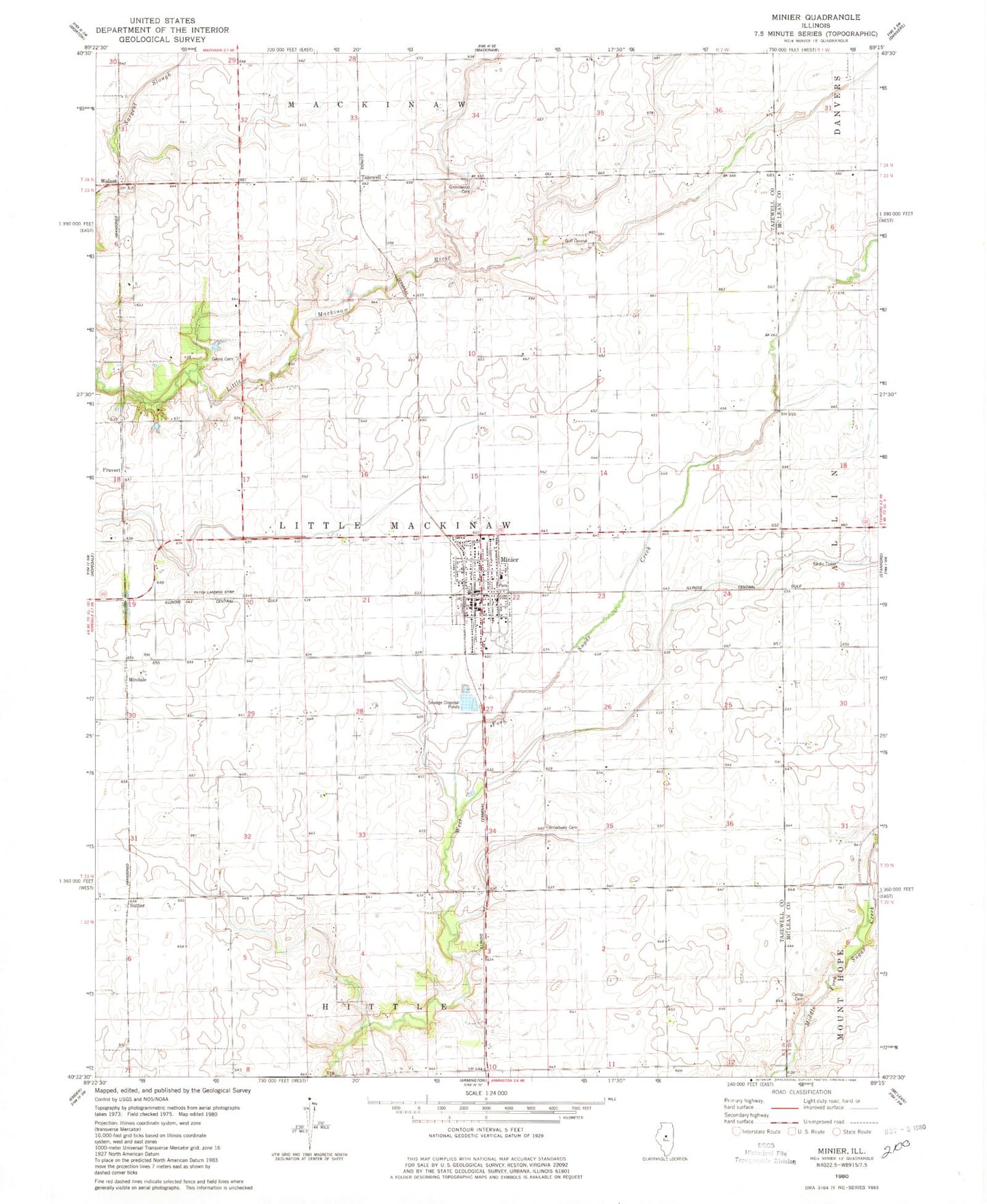 Classic USGS Minier Illinois 7.5'x7.5' Topo Map Image