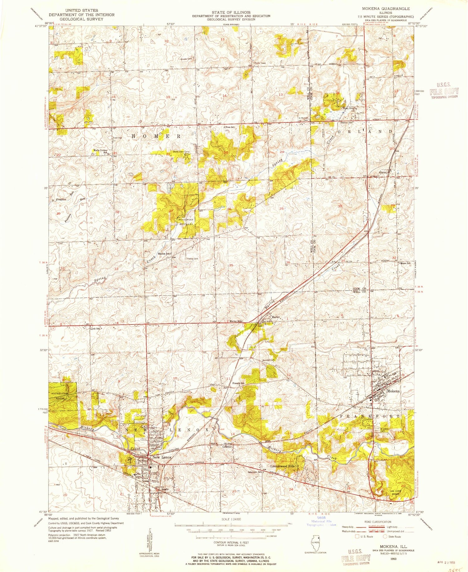 Classic USGS Mokena Illinois 7.5'x7.5' Topo Map Image