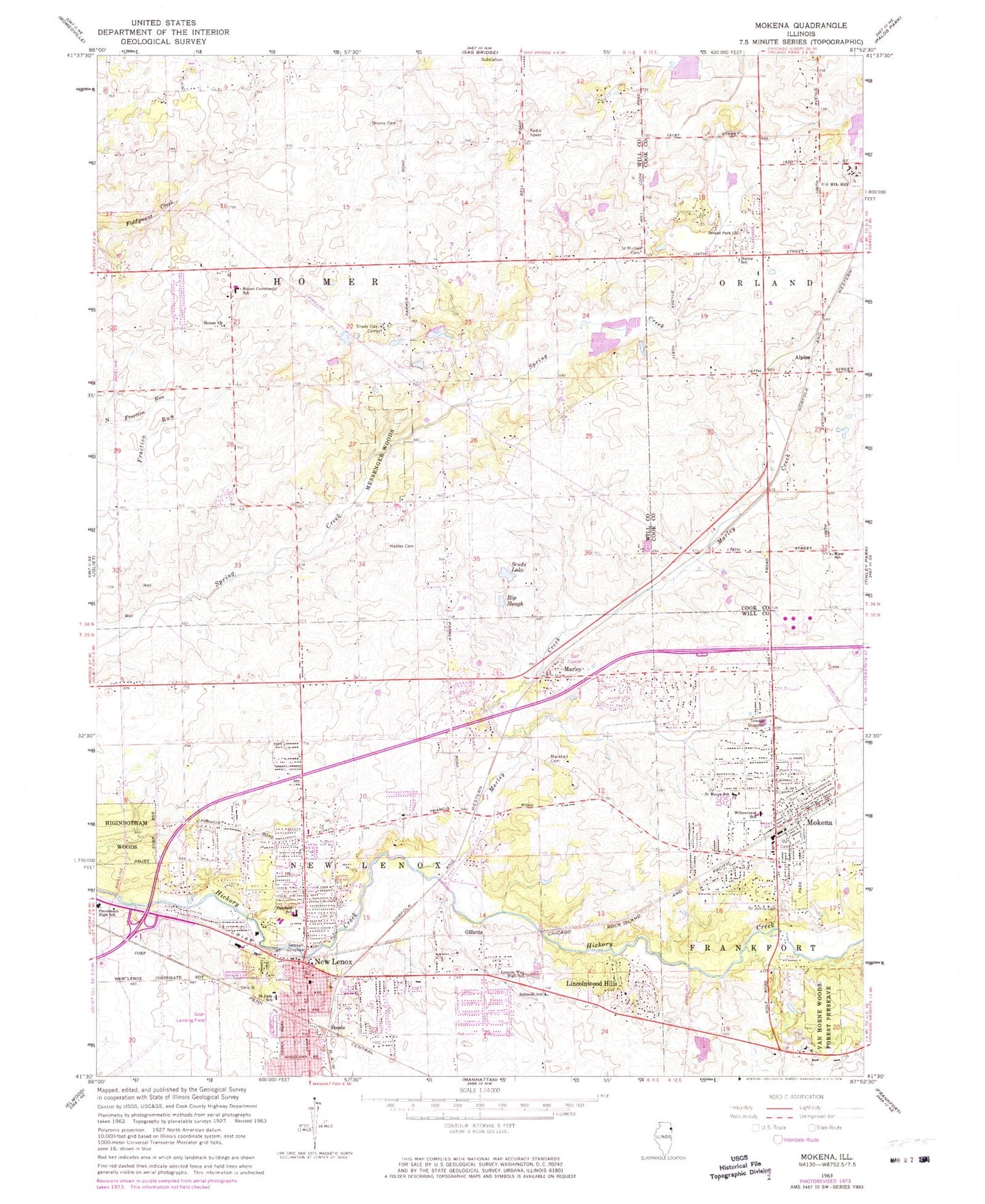 Classic USGS Mokena Illinois 7.5'x7.5' Topo Map Image