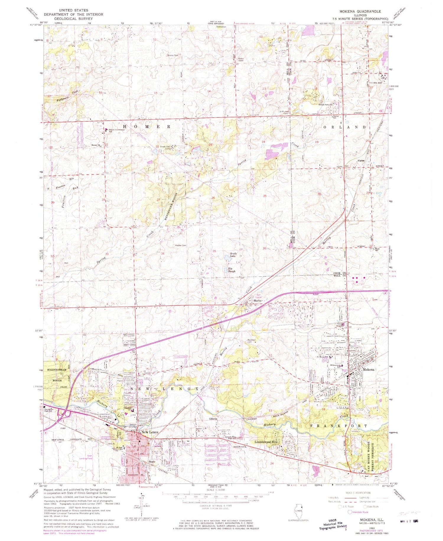 Classic USGS Mokena Illinois 7.5'x7.5' Topo Map Image