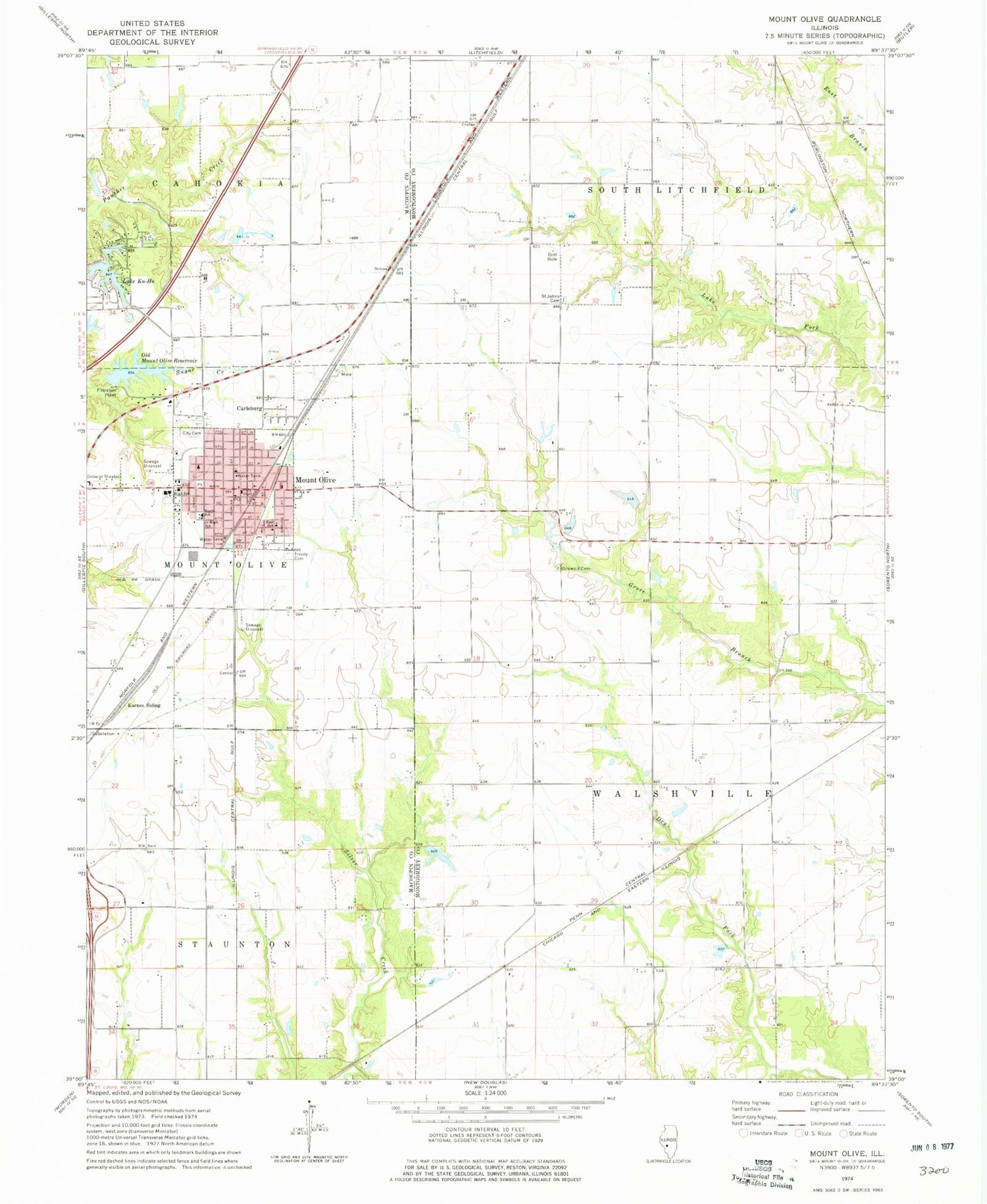 Classic USGS Mount Olive Illinois 7.5'x7.5' Topo Map Image