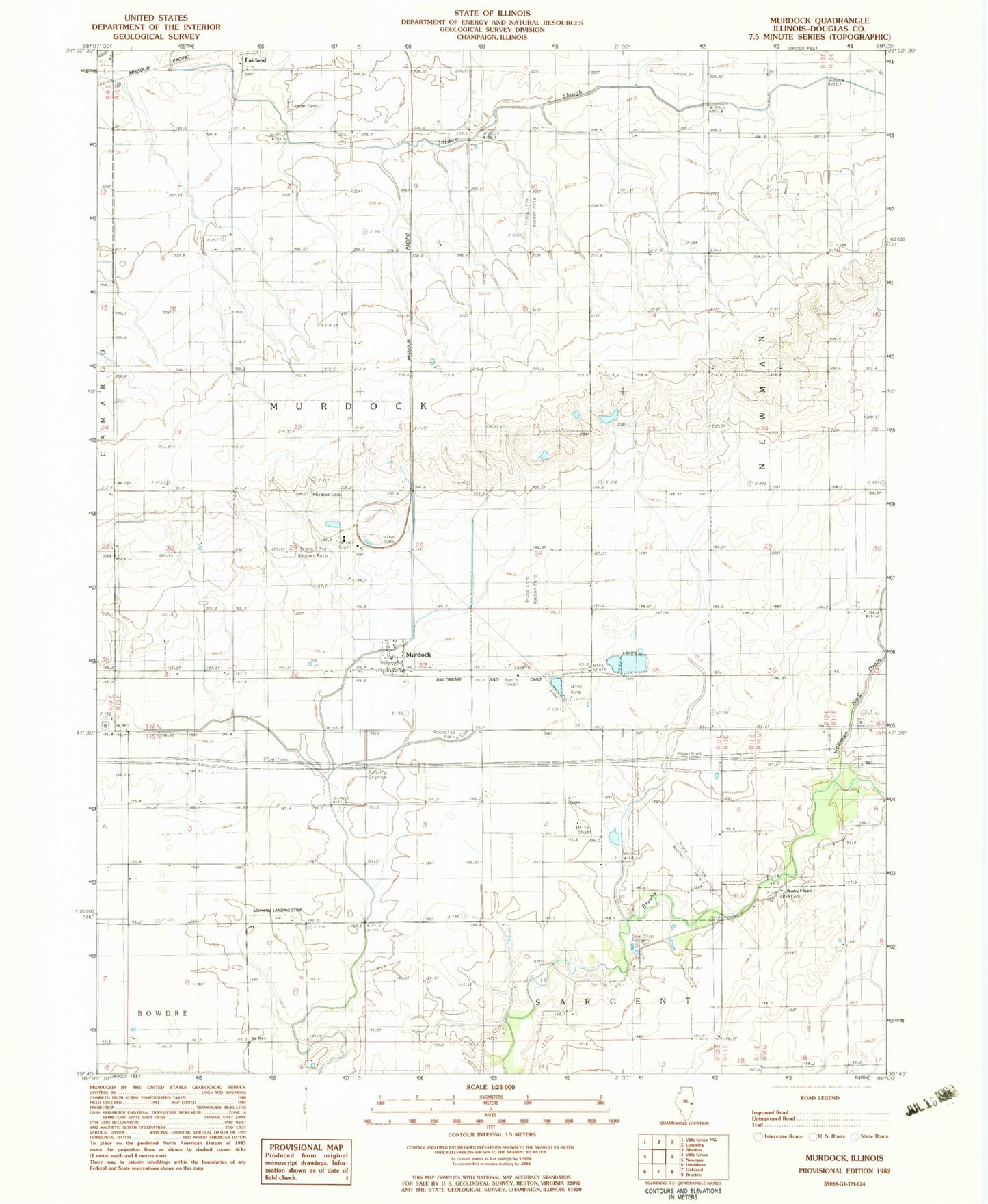 Classic USGS Murdock Illinois 7.5'x7.5' Topo Map Image