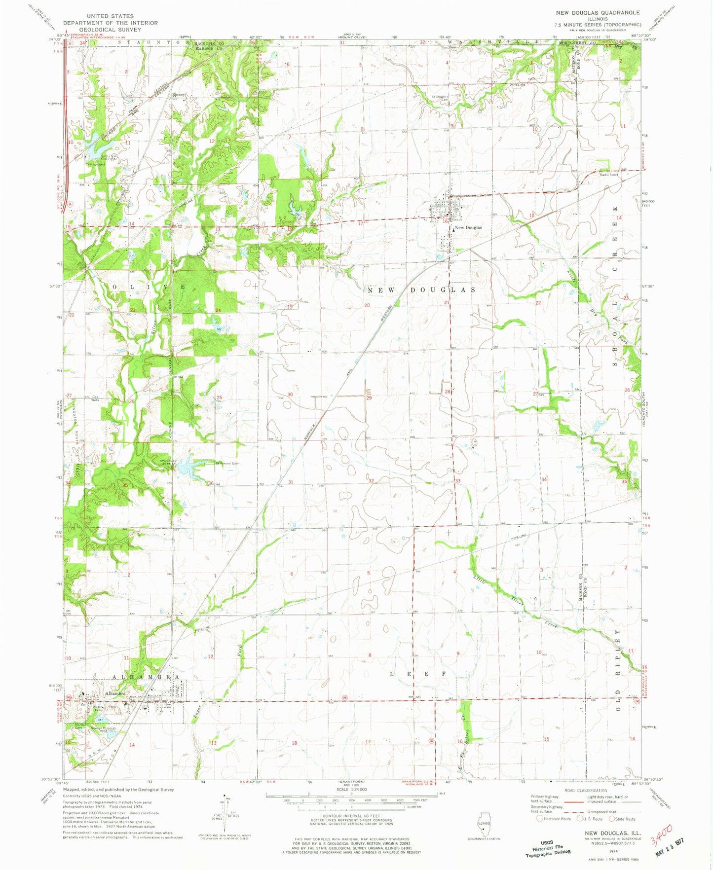 Classic USGS New Douglas Illinois 7.5'x7.5' Topo Map Image
