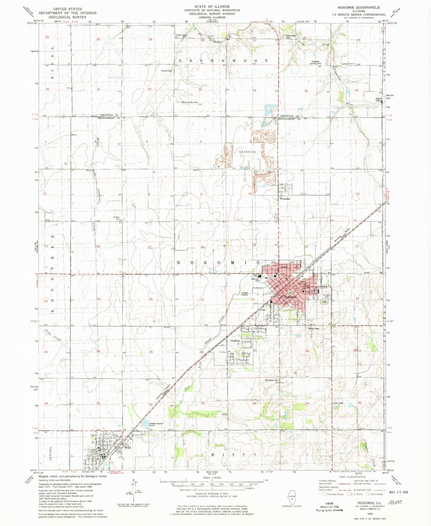 Classic USGS Nokomis Illinois 7.5'x7.5' Topo Map Image