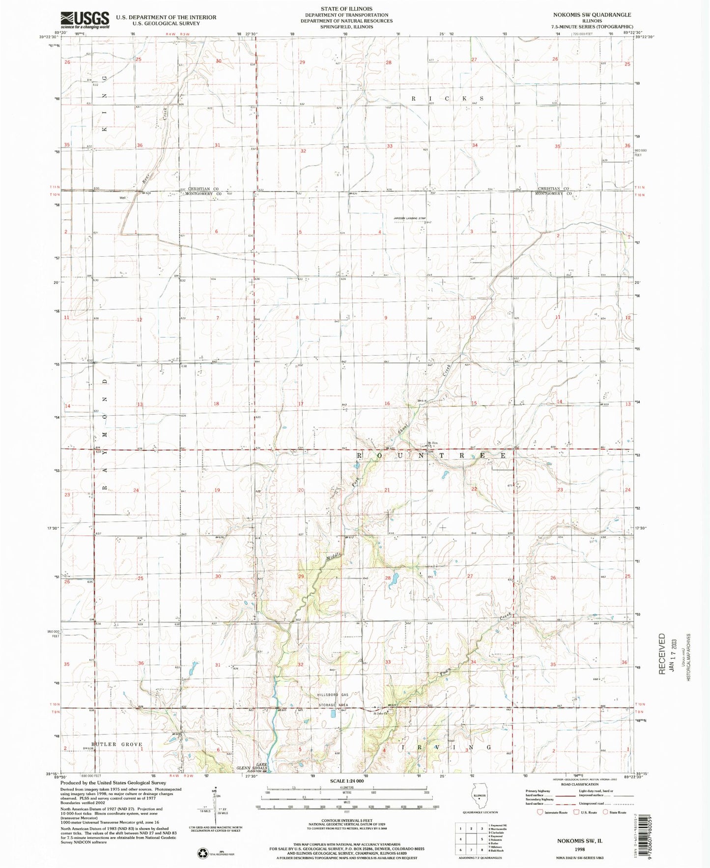 Classic USGS Nokomis SW Illinois 7.5'x7.5' Topo Map Image