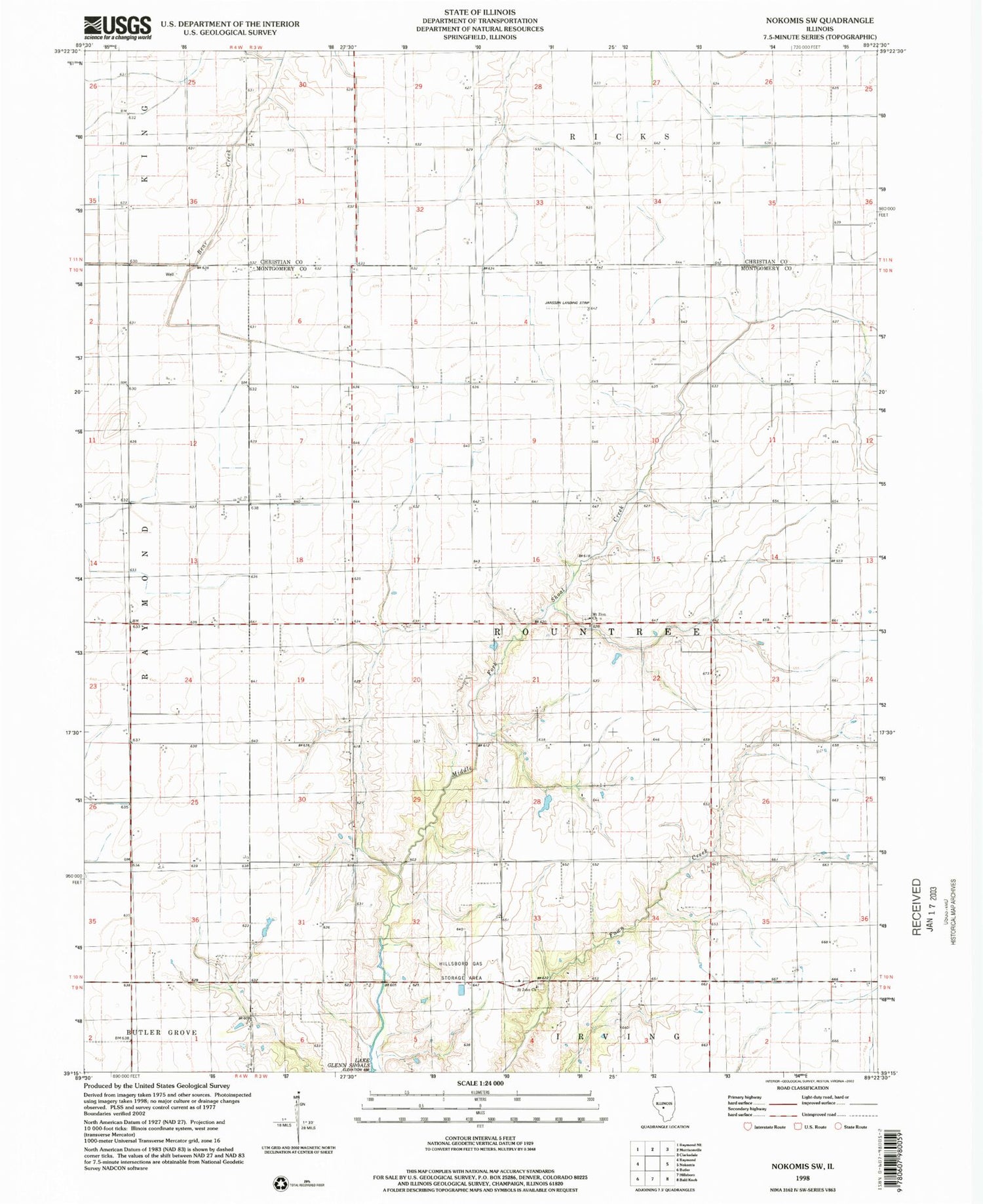 Classic USGS Nokomis SW Illinois 7.5'x7.5' Topo Map Image