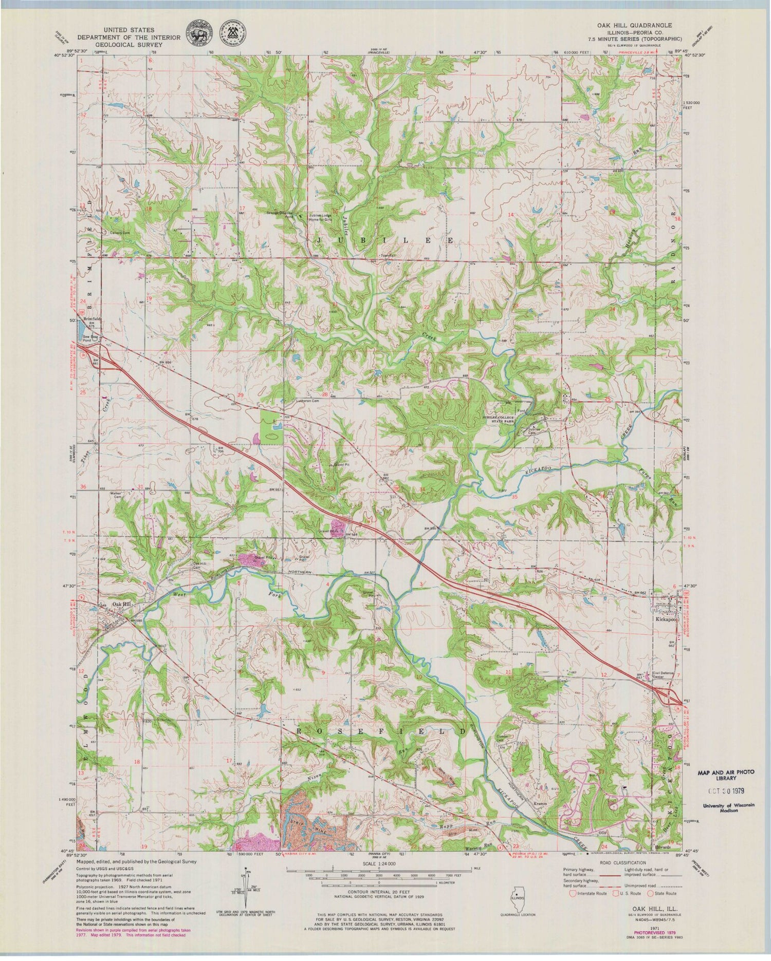 Classic USGS Oak Hill Illinois 7.5'x7.5' Topo Map Image