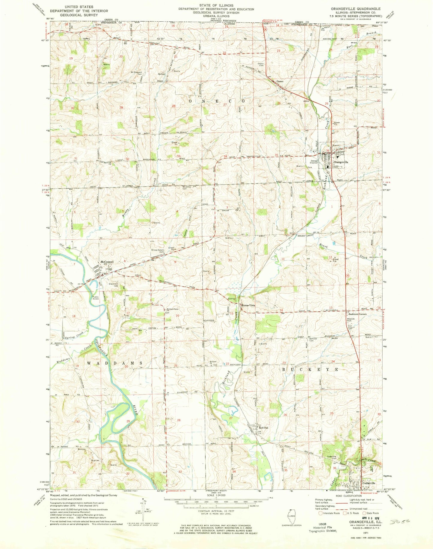 Classic USGS Orangeville Illinois 7.5'x7.5' Topo Map Image