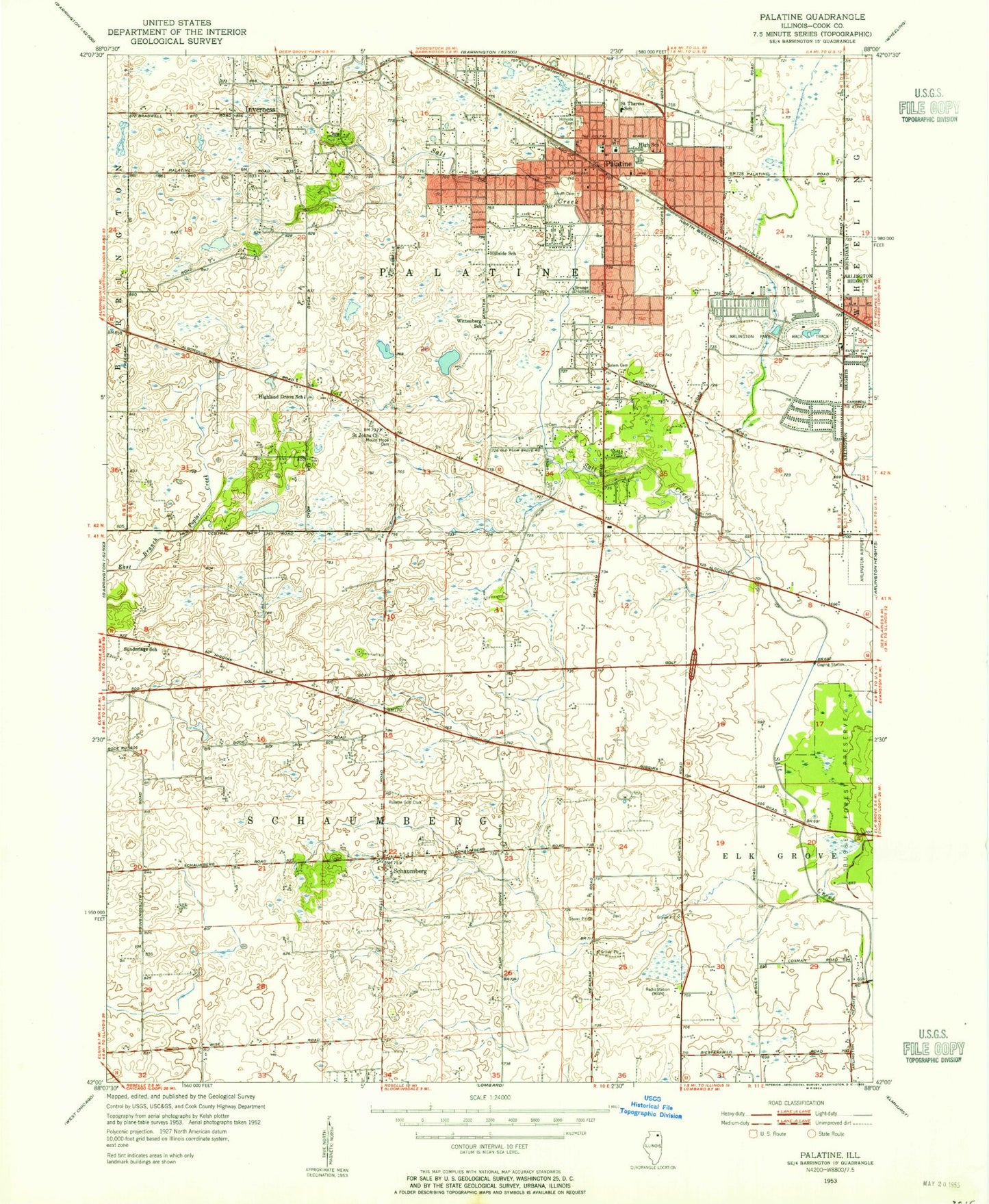 Classic USGS Palatine Illinois 7.5'x7.5' Topo Map Image