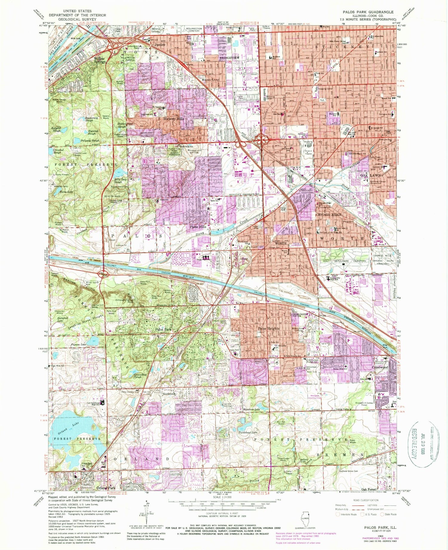 Classic USGS Palos Park Illinois 7.5'x7.5' Topo Map Image