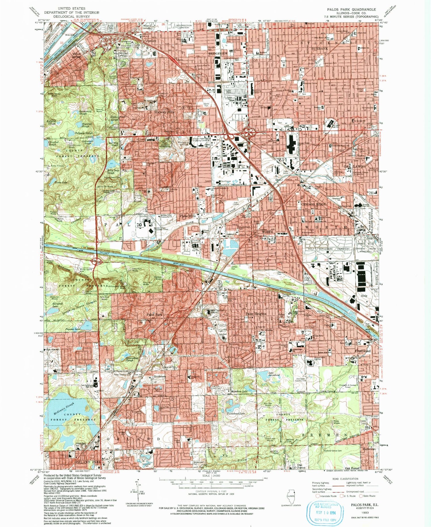 Classic USGS Palos Park Illinois 7.5'x7.5' Topo Map Image