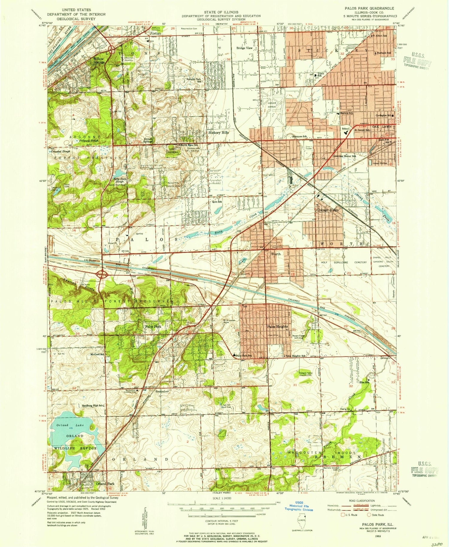 Classic USGS Palos Park Illinois 7.5'x7.5' Topo Map Image