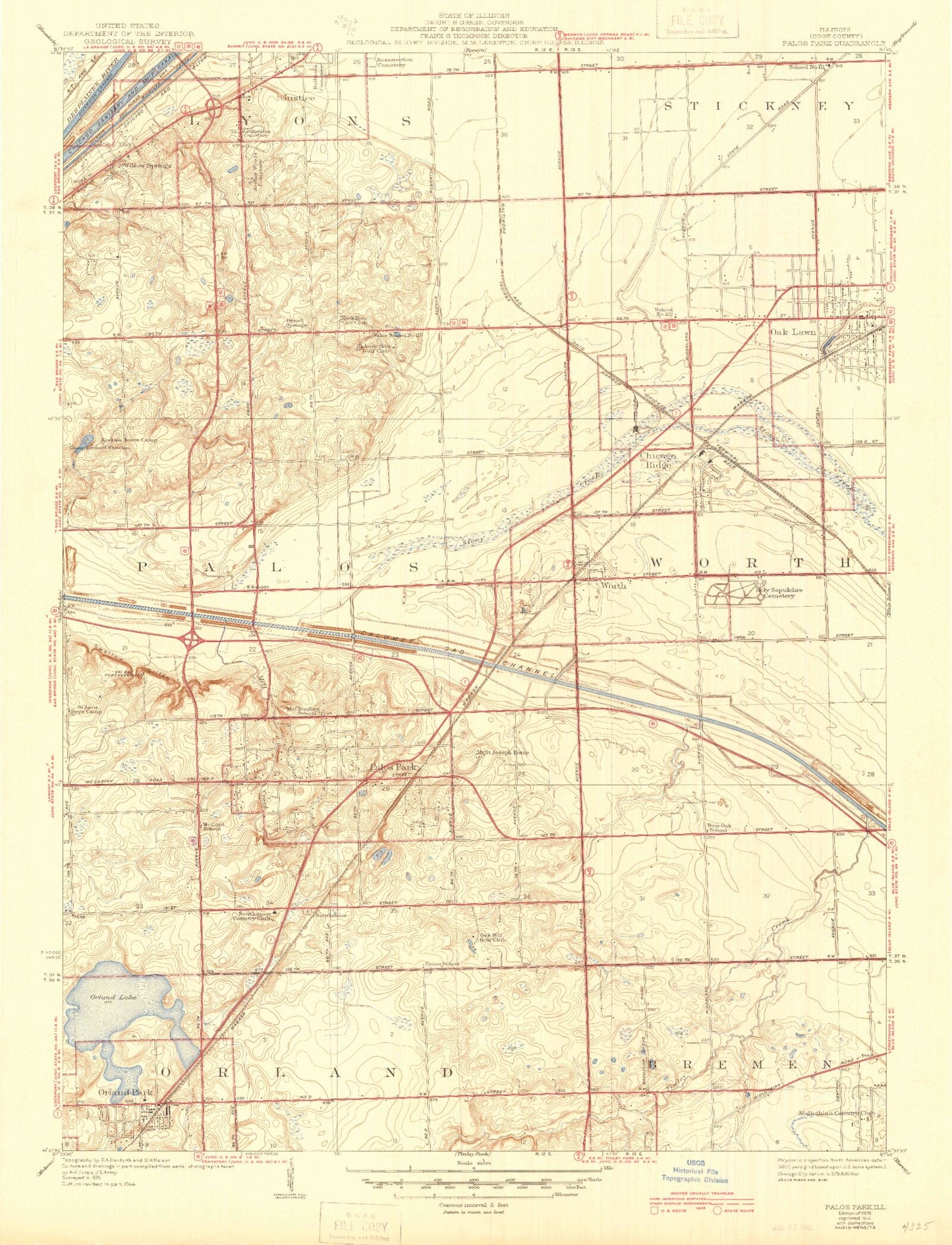 Classic USGS Palos Park Illinois 7.5'x7.5' Topo Map Image