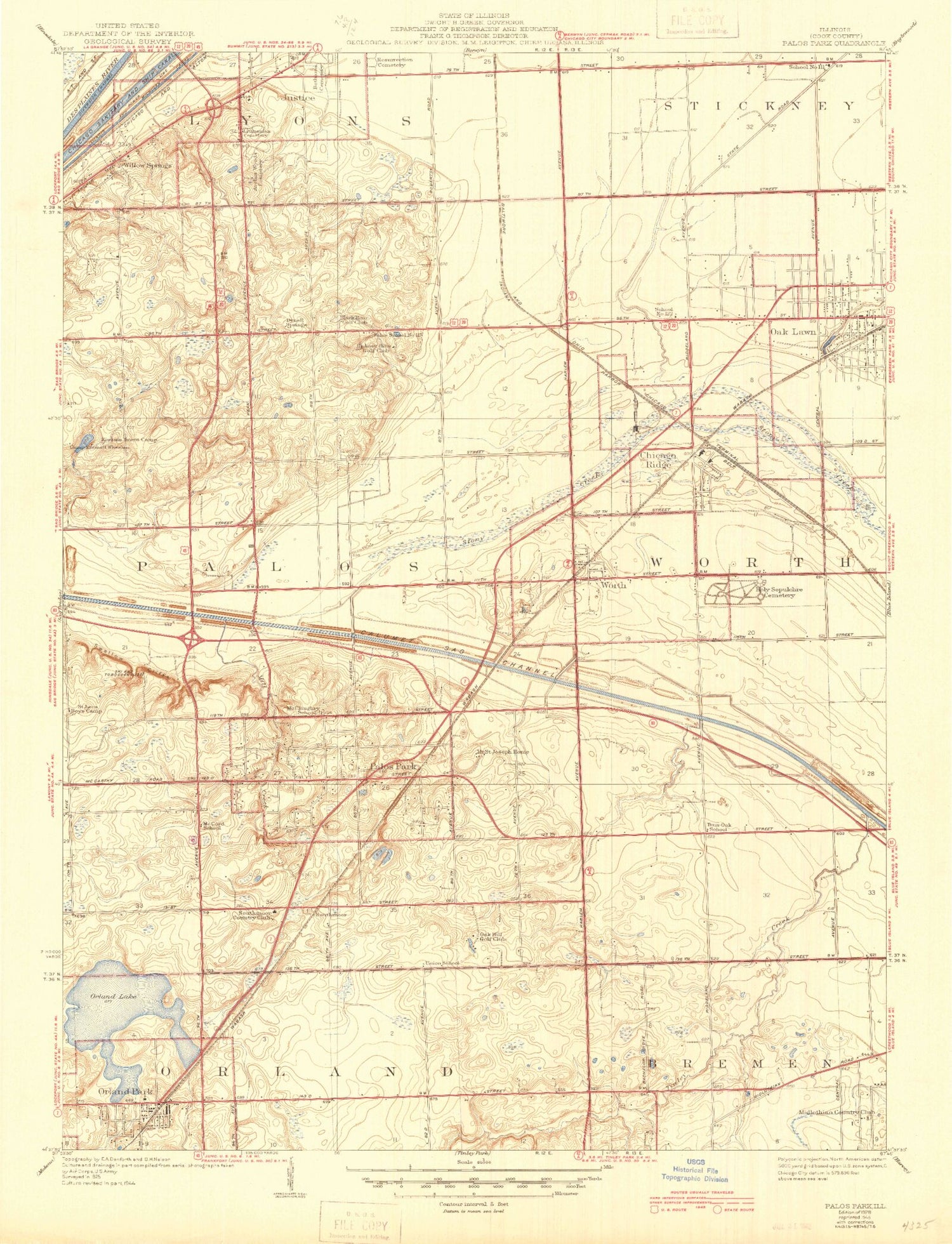 Classic USGS Palos Park Illinois 7.5'x7.5' Topo Map Image