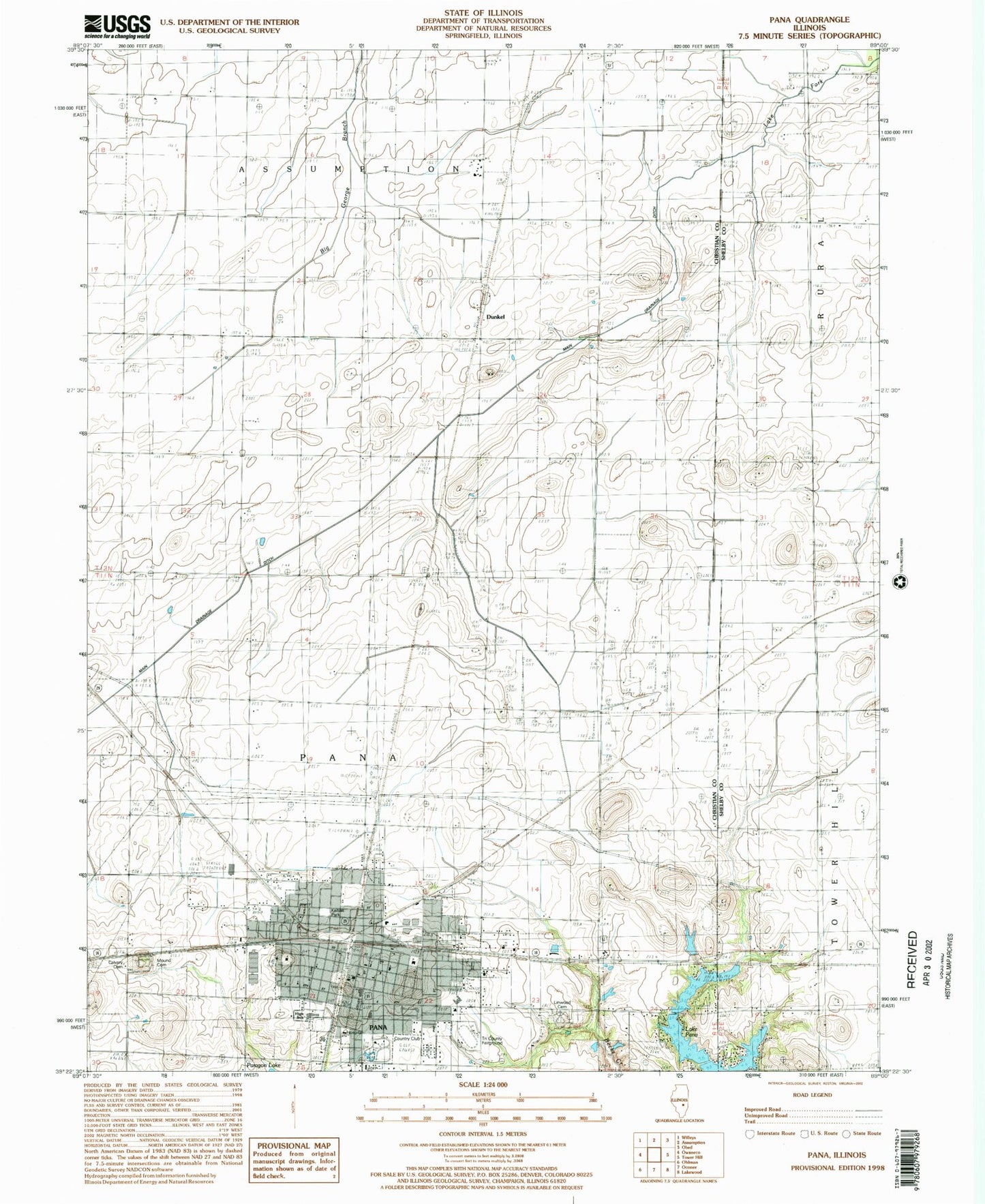 Classic USGS Pana Illinois 7.5'x7.5' Topo Map Image