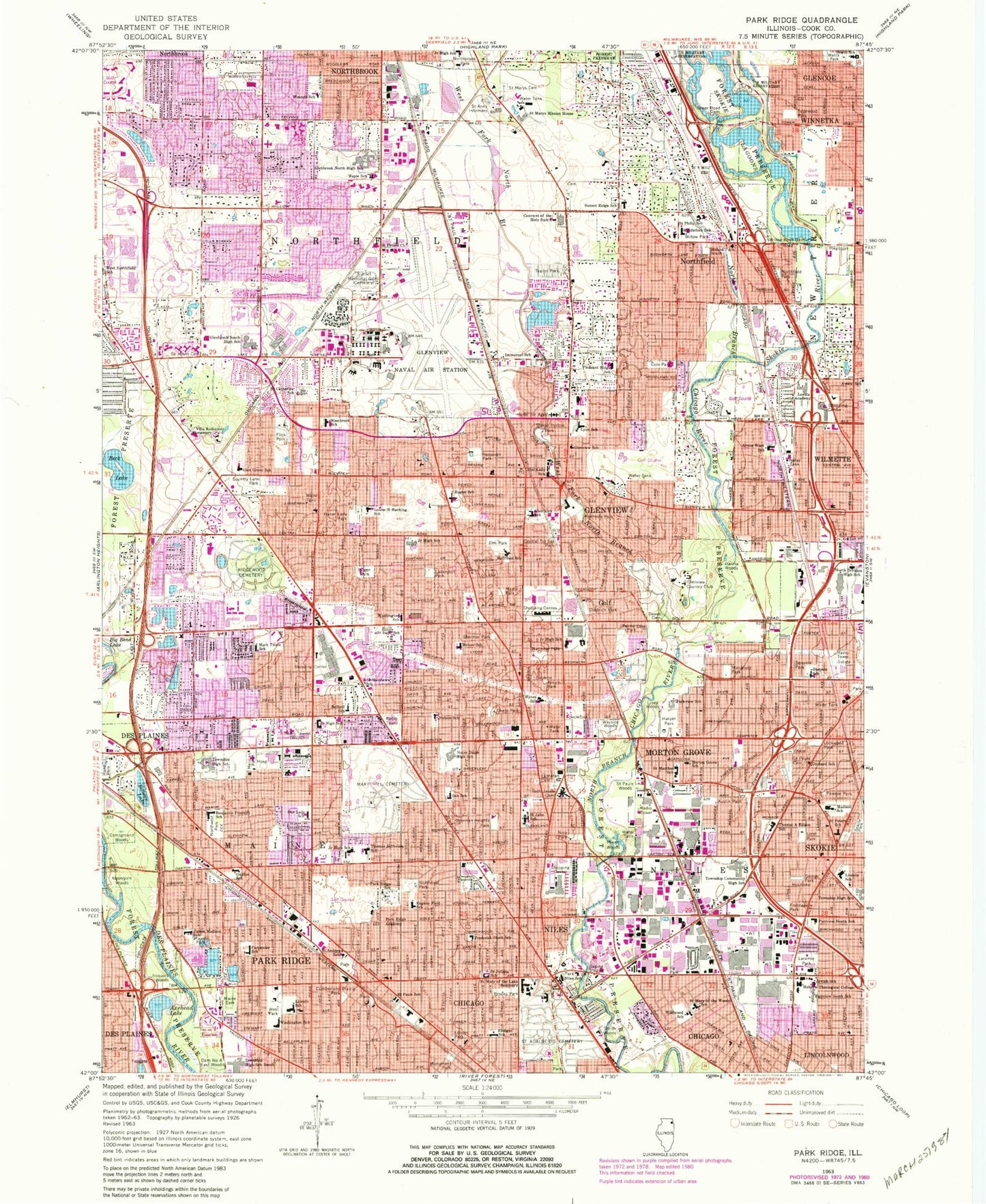 Classic USGS Park Ridge Illinois 7.5'x7.5' Topo Map Image