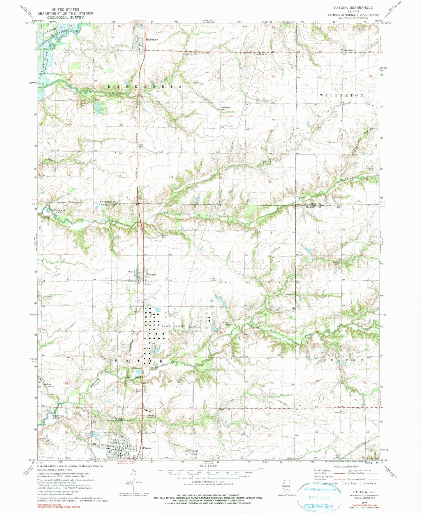 Classic USGS Patoka Illinois 7.5'x7.5' Topo Map Image