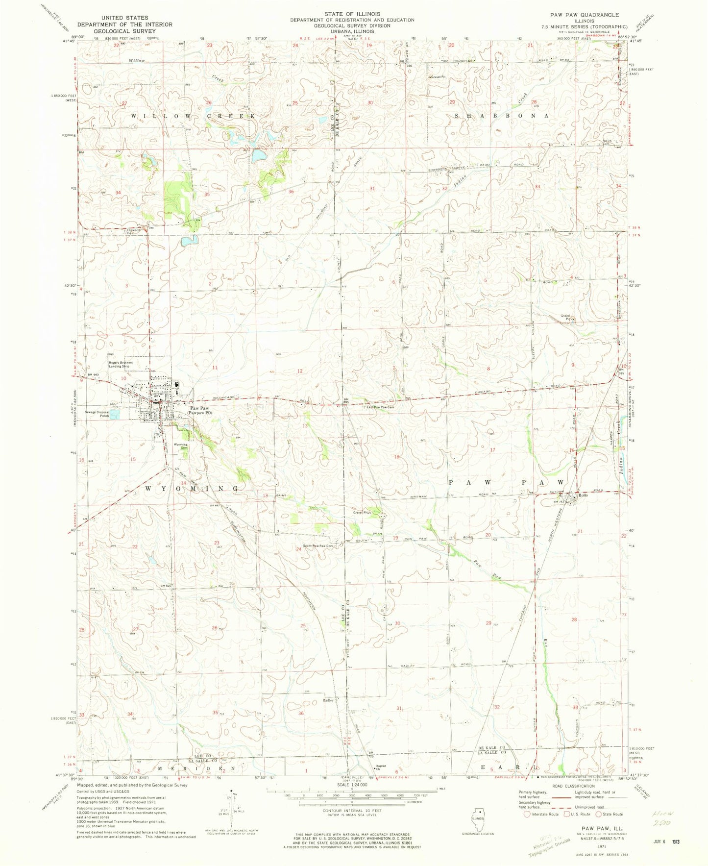 Classic USGS Paw Paw Illinois 7.5'x7.5' Topo Map Image