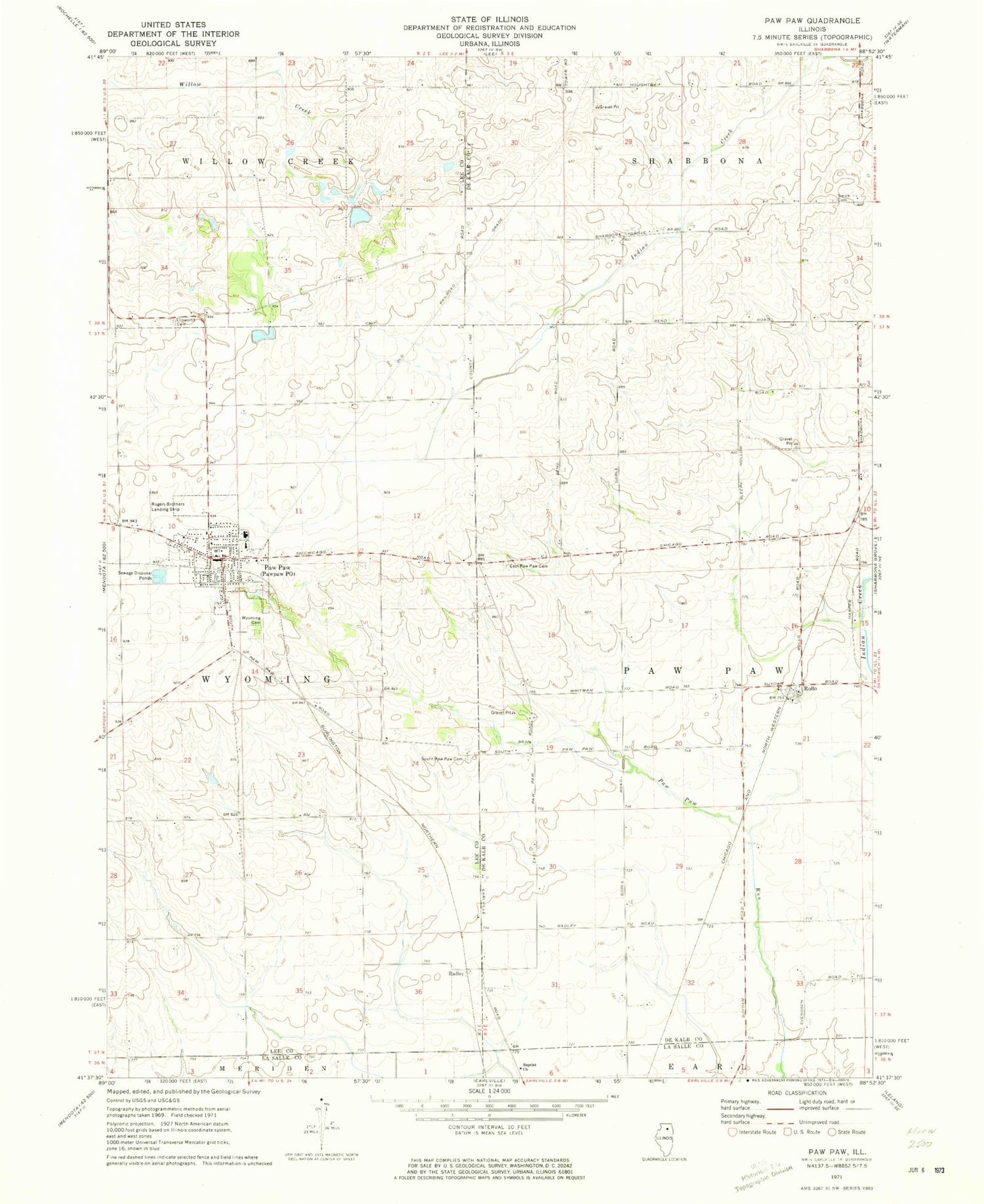Classic USGS Paw Paw Illinois 7.5'x7.5' Topo Map Image